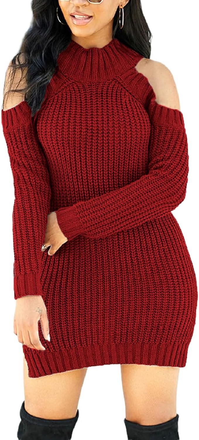 Sweater Dresses for Women Casual Sexy Off Shoulder Long Sleeve Knit Pullover Winter Pullover Dress - Image 2