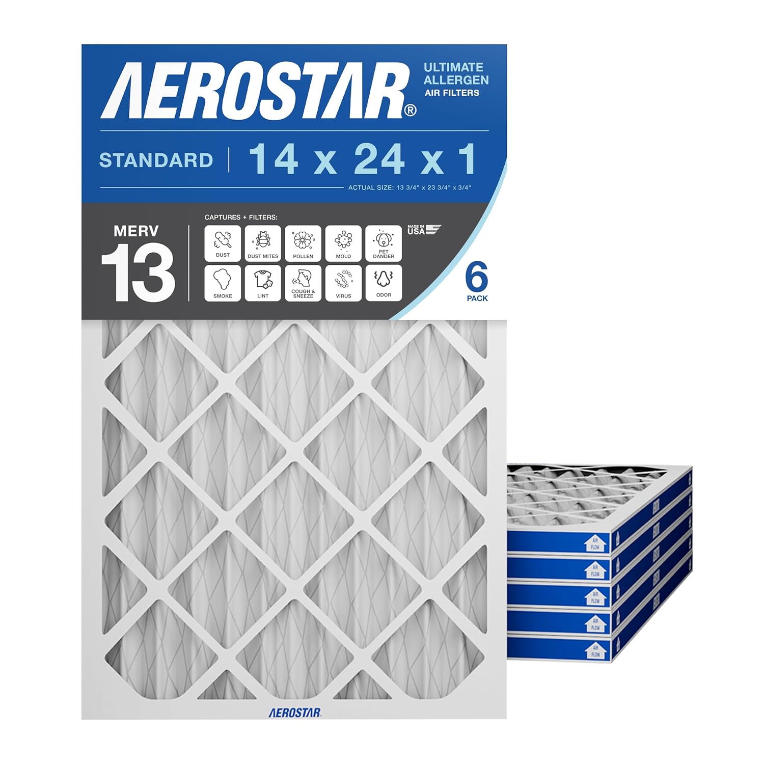 Aerostar 14x24x1 MERV 13 - 6 Count - Pleated HVAC, Furnace & Air Conditioner Filters - Removes Bacteria, Dust, Cold & Flu Germs, Lint, Mold, Pet Dander, Allergy-Causing Pollen, Smog, Smoke & Viruses