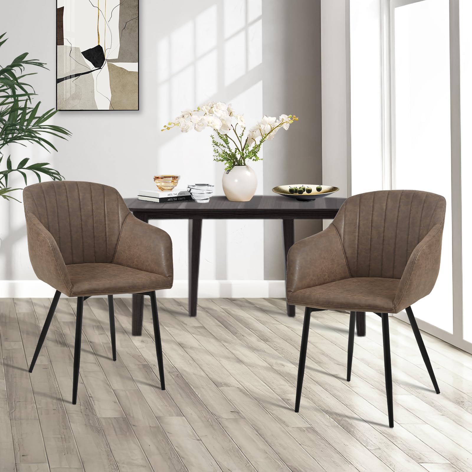 Goeurvant Sedie Sala da Pranzo con Seduta Imbottita Sedie Cucina Set da 6 Sedia da Cucina in PU con Gambe in Metallo, Marrone Scuro