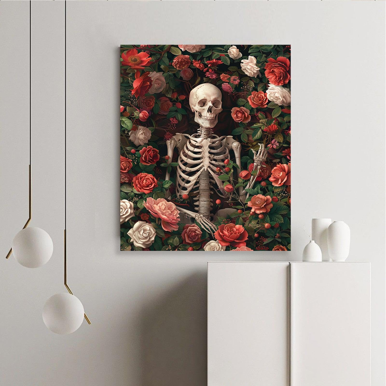 Via Vela Peinture sur toile sur le thème d’Halloween romantique rose et rouge Rose fleur jardin drôle squelette impression affiche art mural pour lessive décor 30x40cm Cadre intérieur