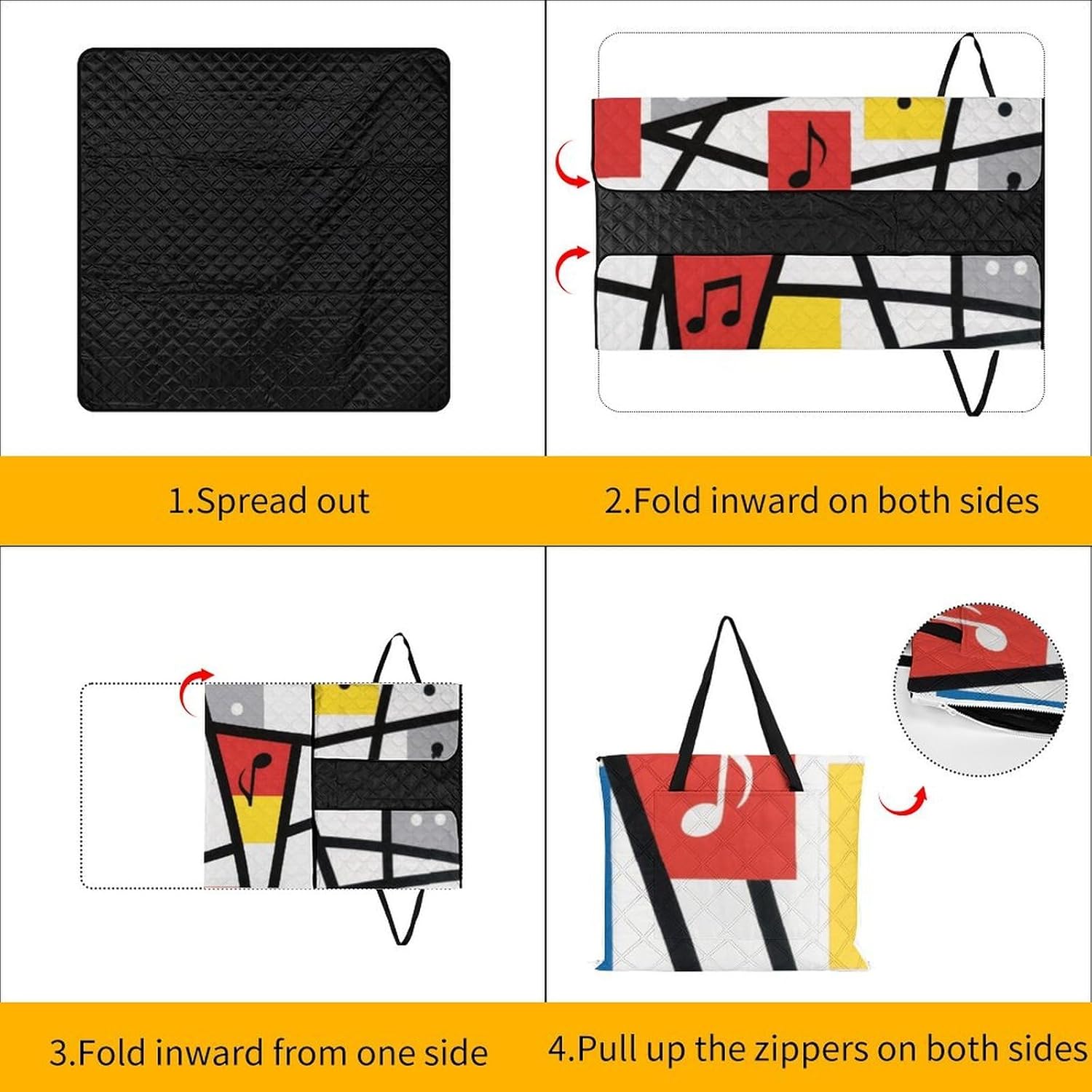 Music Notes Picnic Blanket 150x150cm, Foldable 2-in-1 Picnic Mat and Tote Bag Portable Waterproof Beach Mat Sandproof Outdoor Blanket for Park, Hiking, Beach, Camping, Travel