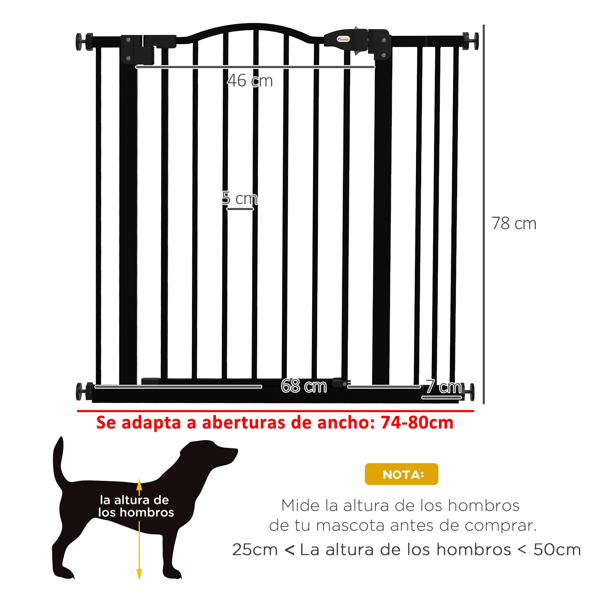 PawHut Barrera de Seguridad para Perros Extensible 74-87 cm, para Puertas y Escaleras, Barrera para Perros con Extensión 7 cm, Montaje a Presión y Doble Bloqueo, Negro