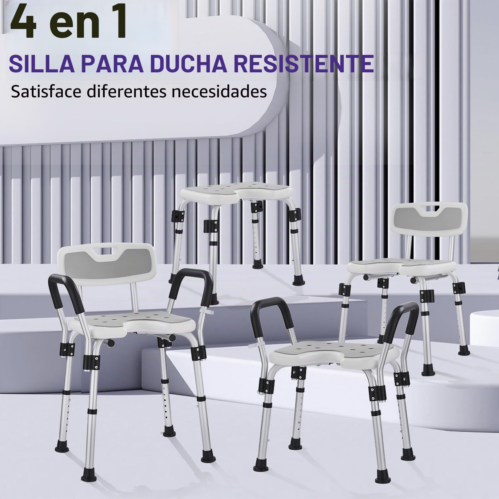 Silla de Ducha para Mayores en U Taburete Ajustable de 6 Alturas Reposabrazos, Silla de Bañera de Aluminio con Antideslizante Asiento para Ducha Interior, Antideslizante Seguridad hasta 150kg
