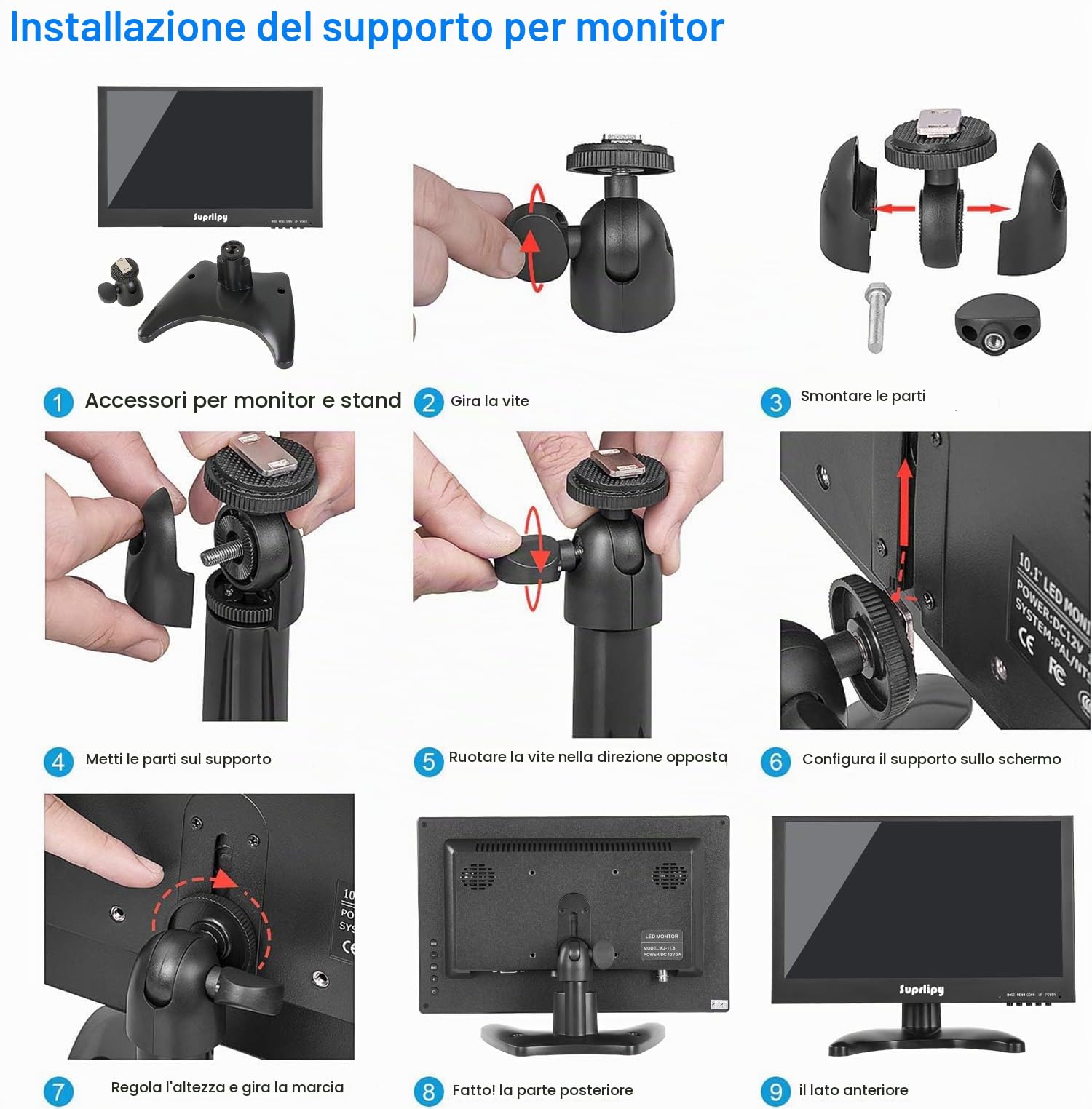 12 pollici Mini HDMI Monitor 1920x1080 16:9 IPS Alloggiamento in metallo Schermo LCD con HDMI/VGA/AV/BNC Ingresso auricolare Altoparlanti incorporati per PC CCTV Telecamera di sicurezza