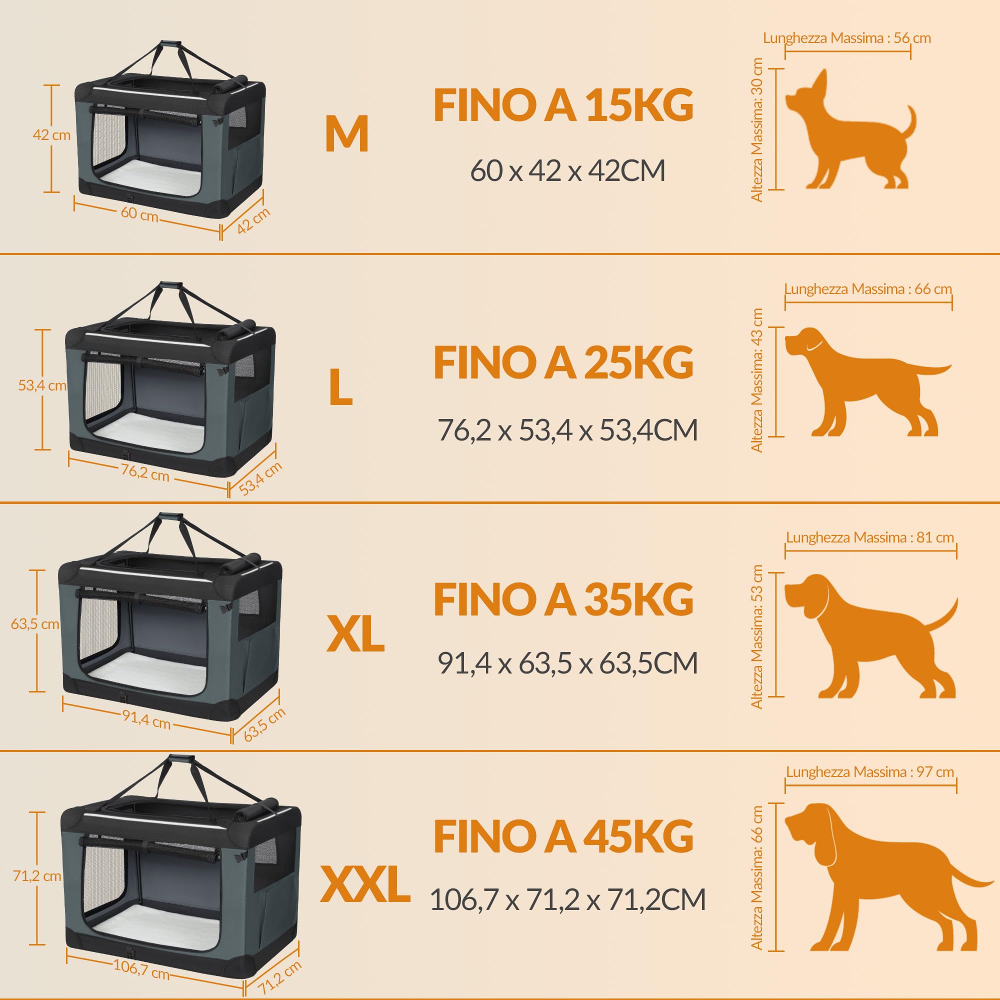 Trasportino Pieghevole per Cani, Trasportino da Viaggio Portatile e Traspirante a 3 Porte con Rifiniture Riflettenti e Tasca Laterale, Uso Interno ed Esterno, Grigio, 60 x 42 x 42 cm