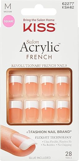 KISS Salon Acrylic Press On Nails, Nail glue included, 'Sugar Rush', French, Medium Size, Square Shape, Includes 28 Nails, 2g Glue, 1 Manicure Stick, 1 Mini File