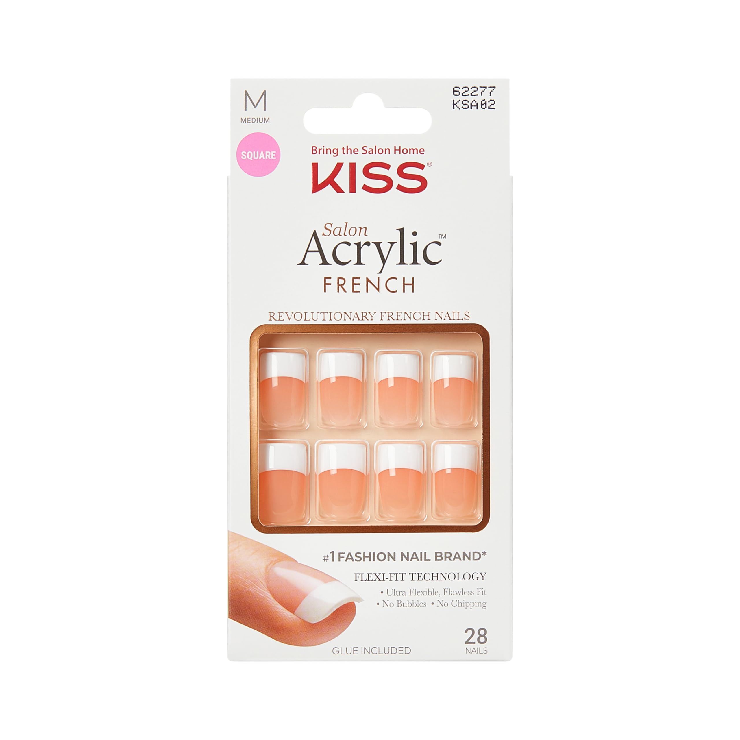 Salon Acrylic French Tip Press On Nails, Medium Size, Square Shape, Includes 28 Fake Nails, Pink Gel Nail Glue (2g), 1 Manicure Stick, 1 Mini File - Style 'Sugar Rush'