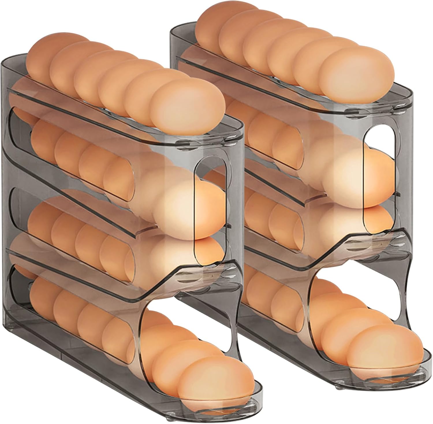 2 Pack Egg Holder for Fridge, 4 Tier Auto Rolling Egg Dispenser, Space Saving Egg Organizer Rack Holds 25–30 Eggs, Clear Gray Egg Storage Container for Refrigerator or Kitchen Countertop