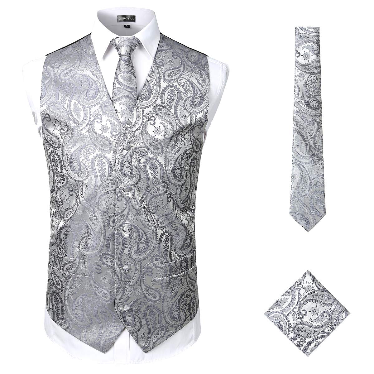 Mens Classic 3pc Jacquard Paisley Vest Set Necktie Pocket Square Waistcoat for Suit or Tuxedo-image-44