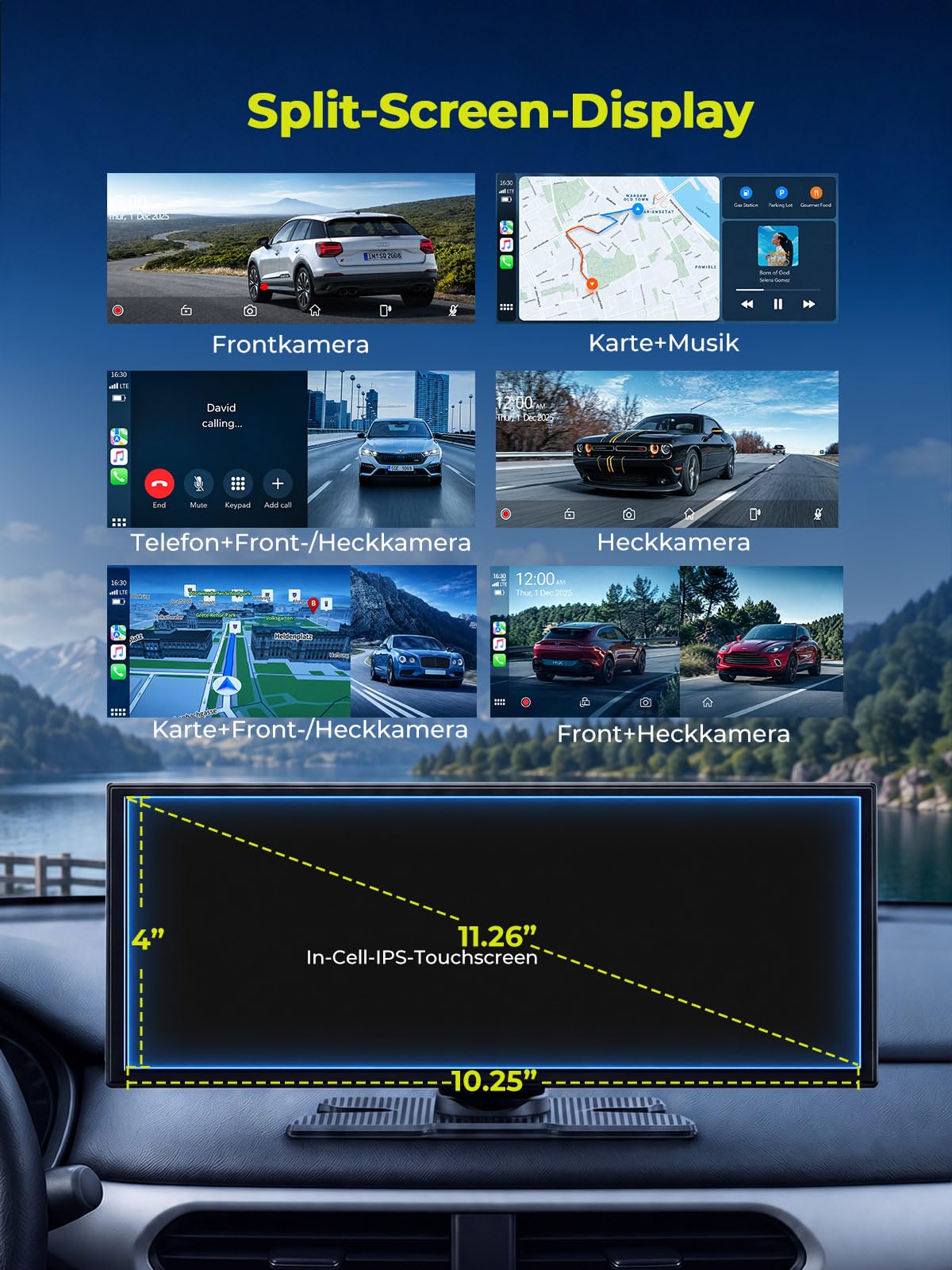 LAMTTO 10.25" CarPlay Display Android Auto mit Dashcam Auto 2.5K+1080P