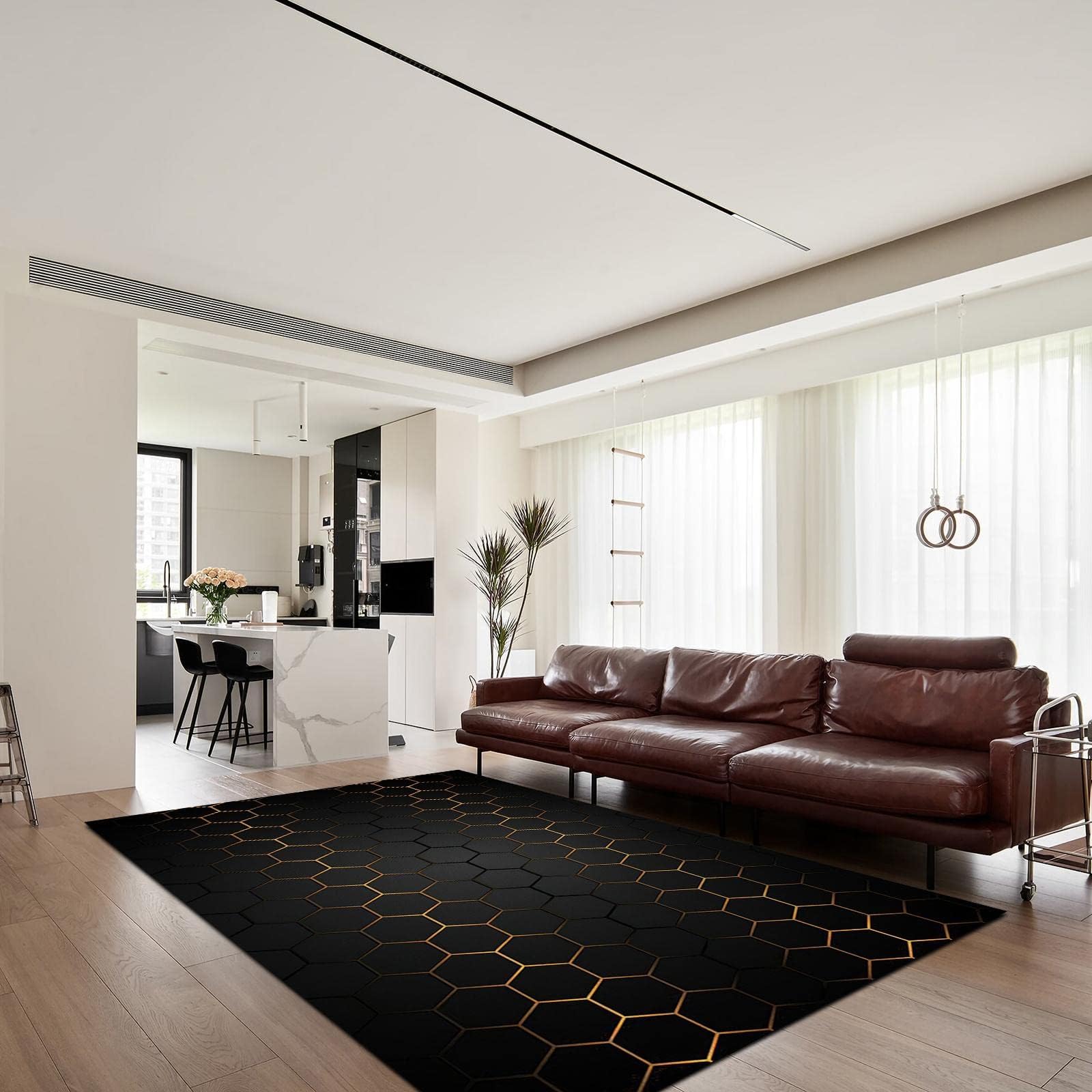 Nowoczesny czarno-złoty dywan o strukturze plastra miodu - geometryczny dywan 3D, do salonu, miękki i wygodny, luksusowy gradientowy design do sypialni i akademika 180 x 240 cm