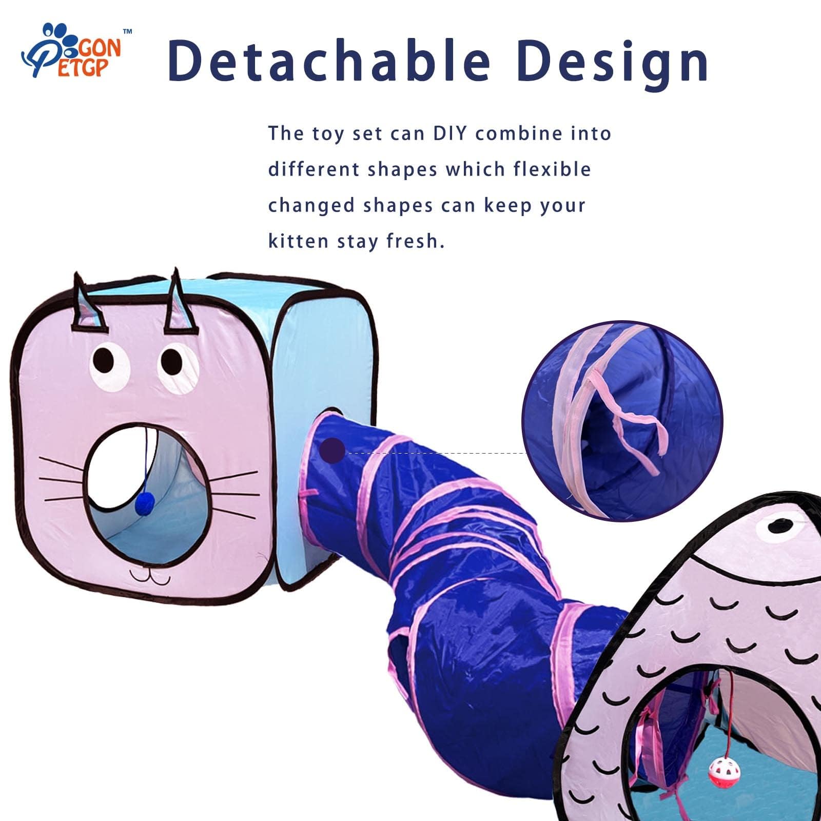 GONPETGP Cat Tunnels for Indoor Cats with Cube Tent Toys Combo, Pop Up Collapsible Crinkle Interactive Peek Hole, Cat Tube with Play Ball and Bell for Kitten, Puppy, Kitty, Rabbit - Set of 3: Blue