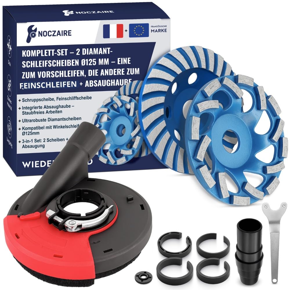 2× Diamant Schleiftopf 125 mm mit Absaughaube – Beton Schleifscheibe Grob & Fein – Beton, Fliesen & Stein – Set für Winkelschleifer & Staubsauger – NOCZAIRE