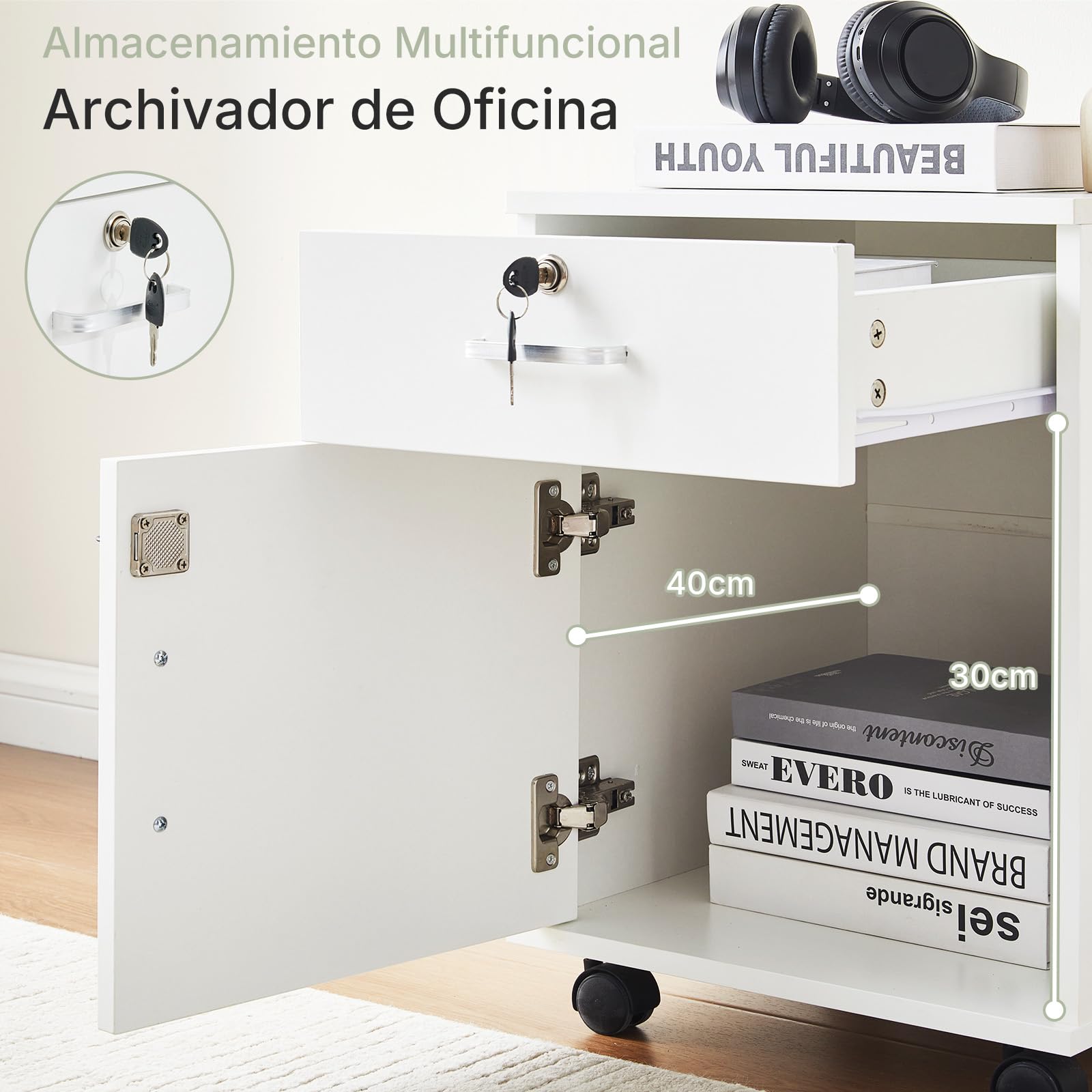 LEMROE Archivador móvil de 2 cajones con cerradura y ruedas, archivadores de madera de estilo industrial para oficina en casa (blanco, 1 cajón + 1 armario)