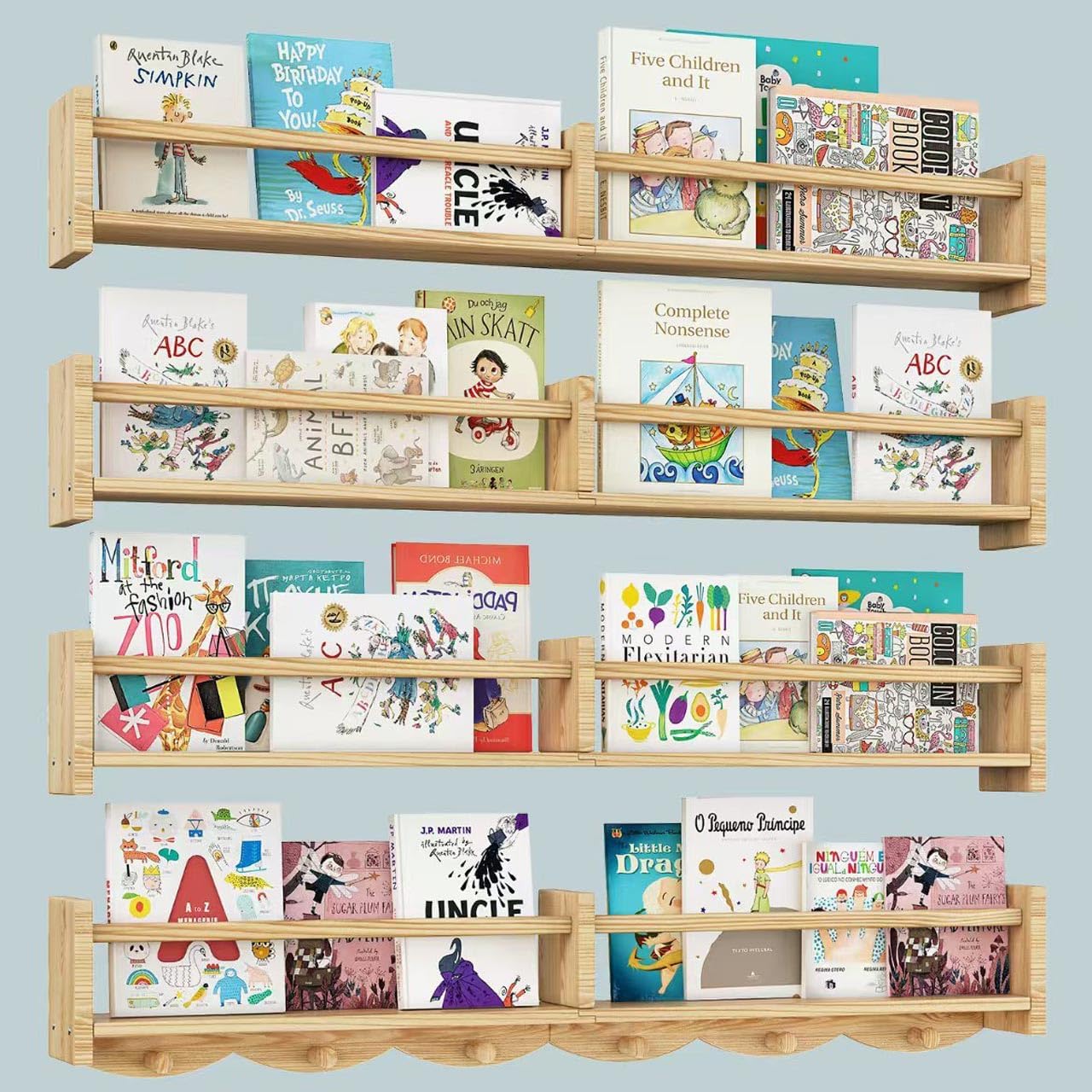 Estantes para libros de guardería de 34 pulgadas montados en la pared, estante flotante para libros para niños con 6 ganchos, estante colgante de