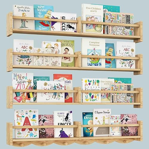 Estantes para libros de guardería de 34 pulgadas montados en la pared, estante flotante para libros para niños con 6 ganchos, estante colgante de