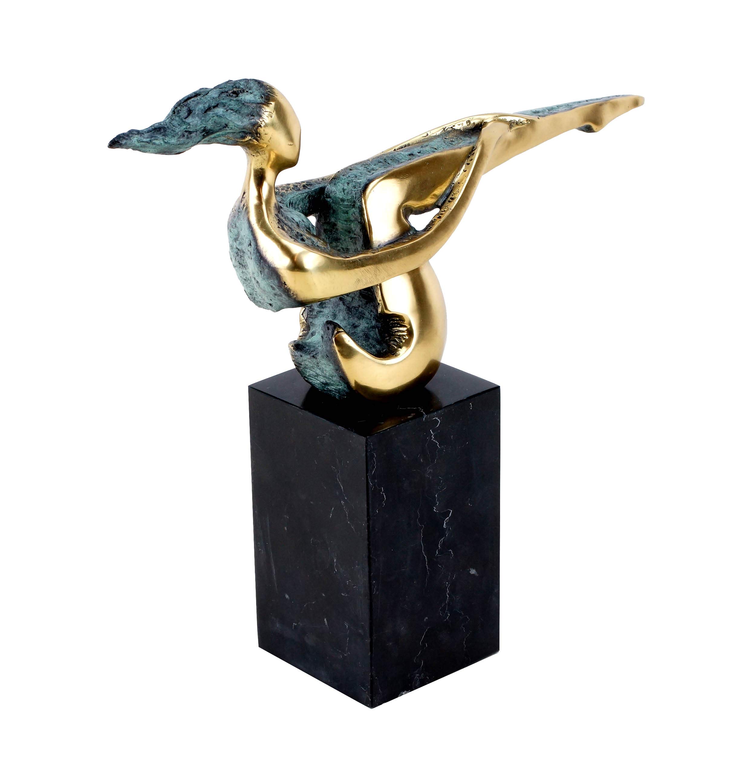 Kunst & Ambiente - Modern Art - The Sitting One - Moderne Bronzefigur - signiert Nick - Bronzeskulptur auf Mamorsockel - Höhe: 30 cm - Gold - grüne Patina - abstrakte Plastik