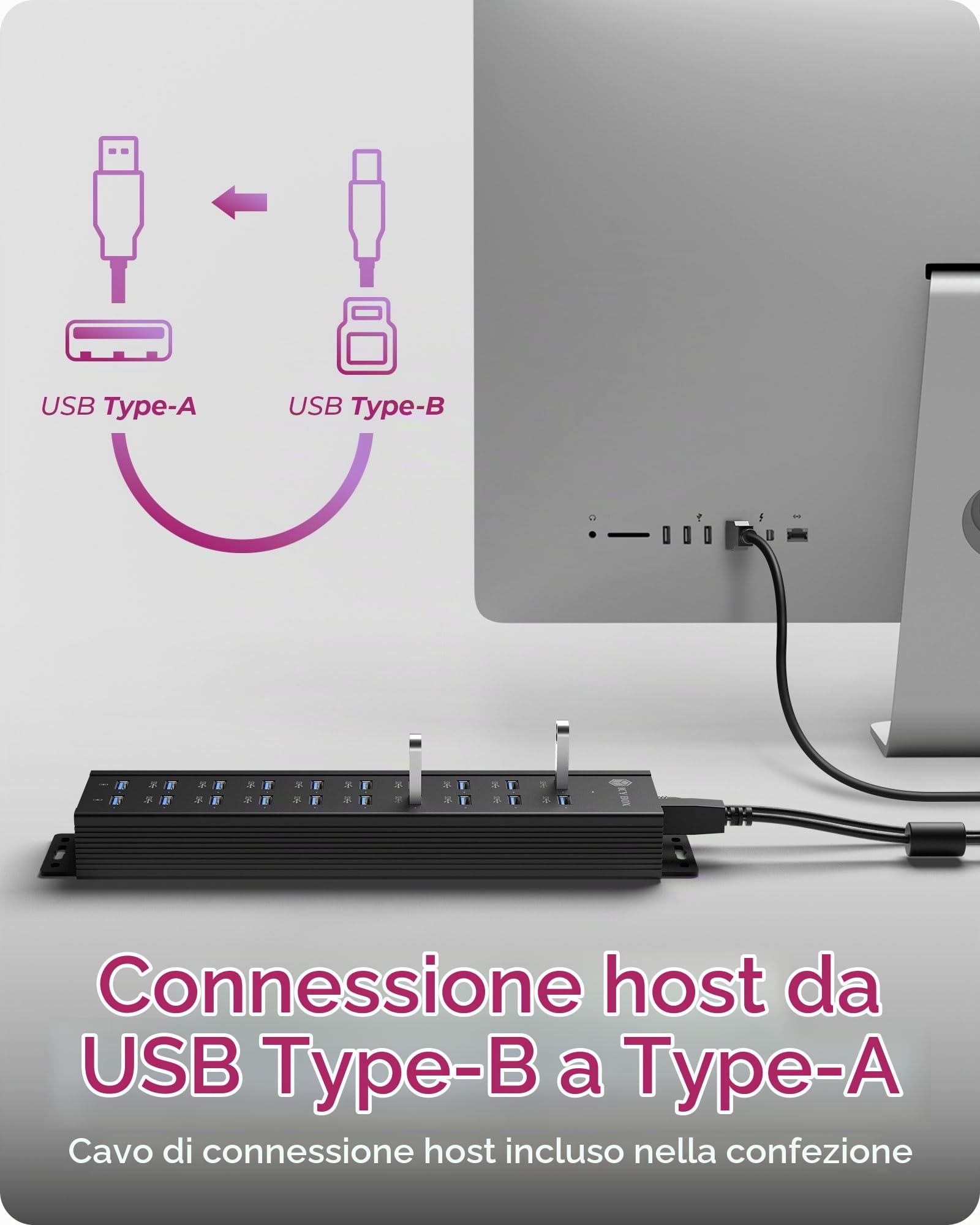 ICY BOX Hub USB 3.2 Gen 1 a 20 porte con alimentatore da 12 V / 3 A, corpo in alluminio e 2 porte di ricarica USB, modello IB-HUB1720-U3