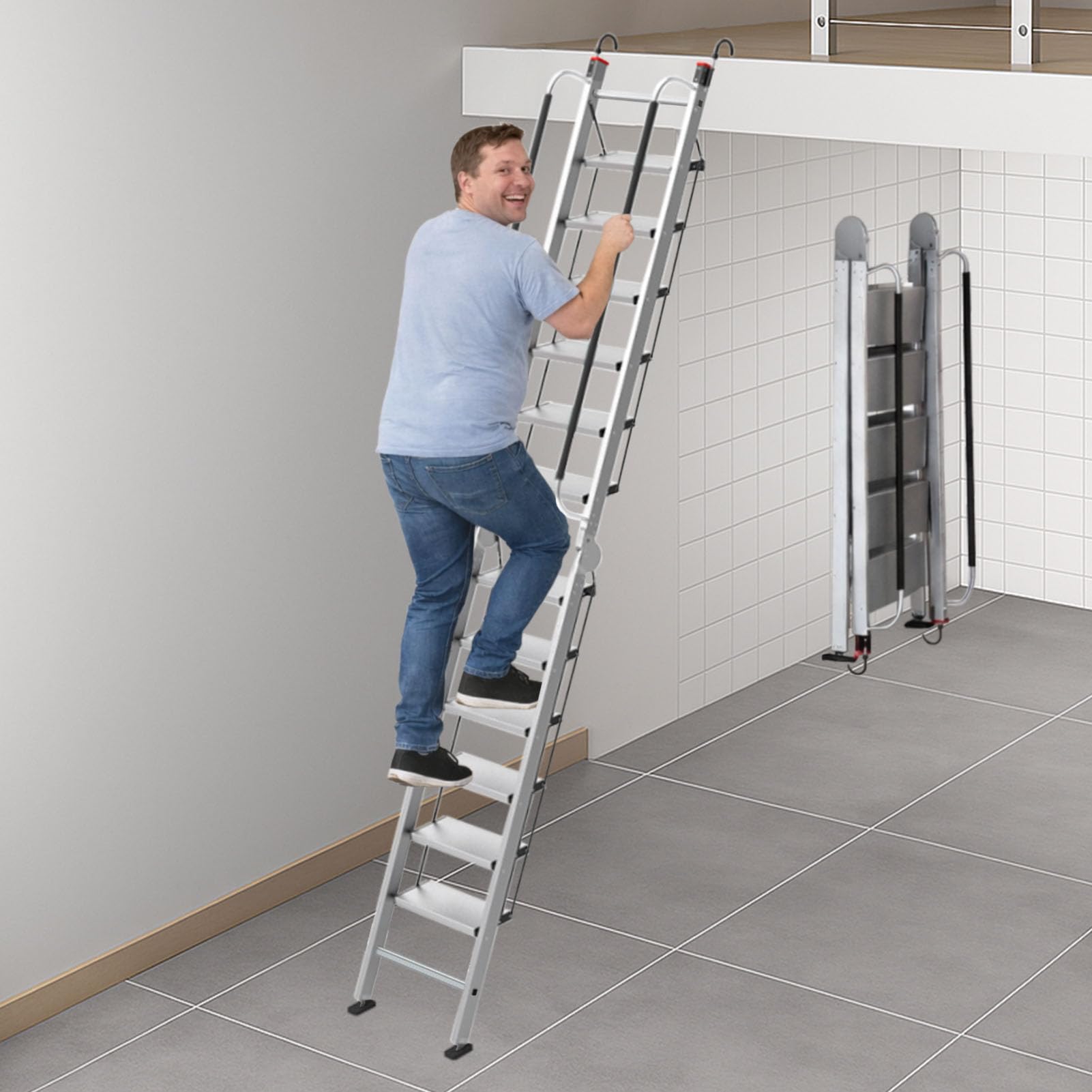 Foldable Aluminum Loft Stairs Ladder 8.5ft / 9ft / 9.5ft / 10.5ft / 11.5ft, Heavy Duty Bunk Bed ladders with Handrails ＆ Hooks, 12 Step Attic Ladder for Small Opening, Load 330 lbs