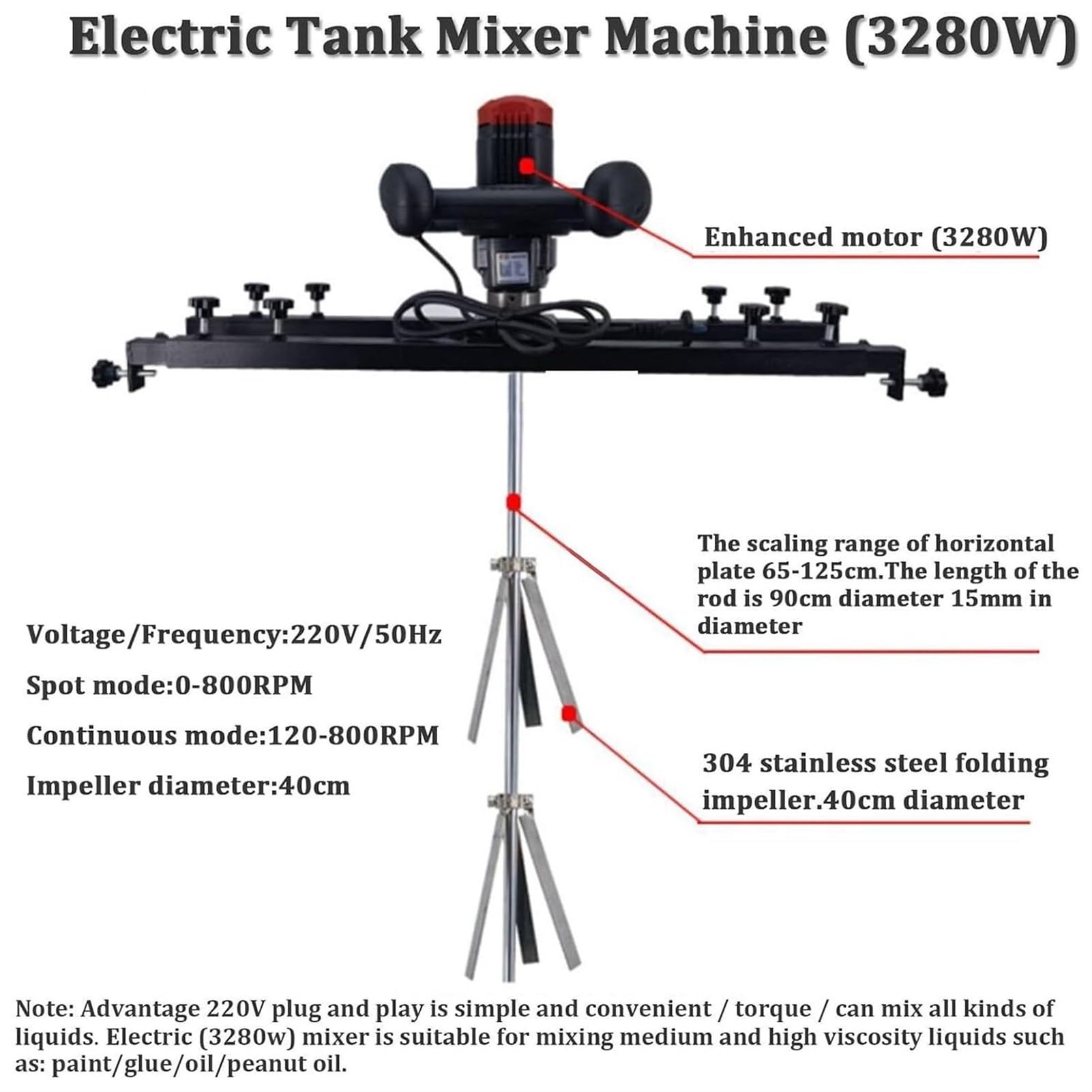 Miscelatore per Vernici, Miscelatore Elettrico da 3280 W, con Elica Pieghevole, Portata Telescopica 65-125 Cm, per Agitatore per Solvente di Inchiostro,