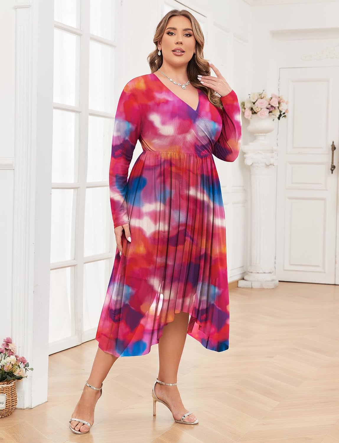 ZOMVA Plus Size 0X-4X Floral Print Mesh Irregular Handkerchief Hem Dress V Neck Long Sleeve Dresses for Wedding Guest, Floral2: Fire Cloud, 2X