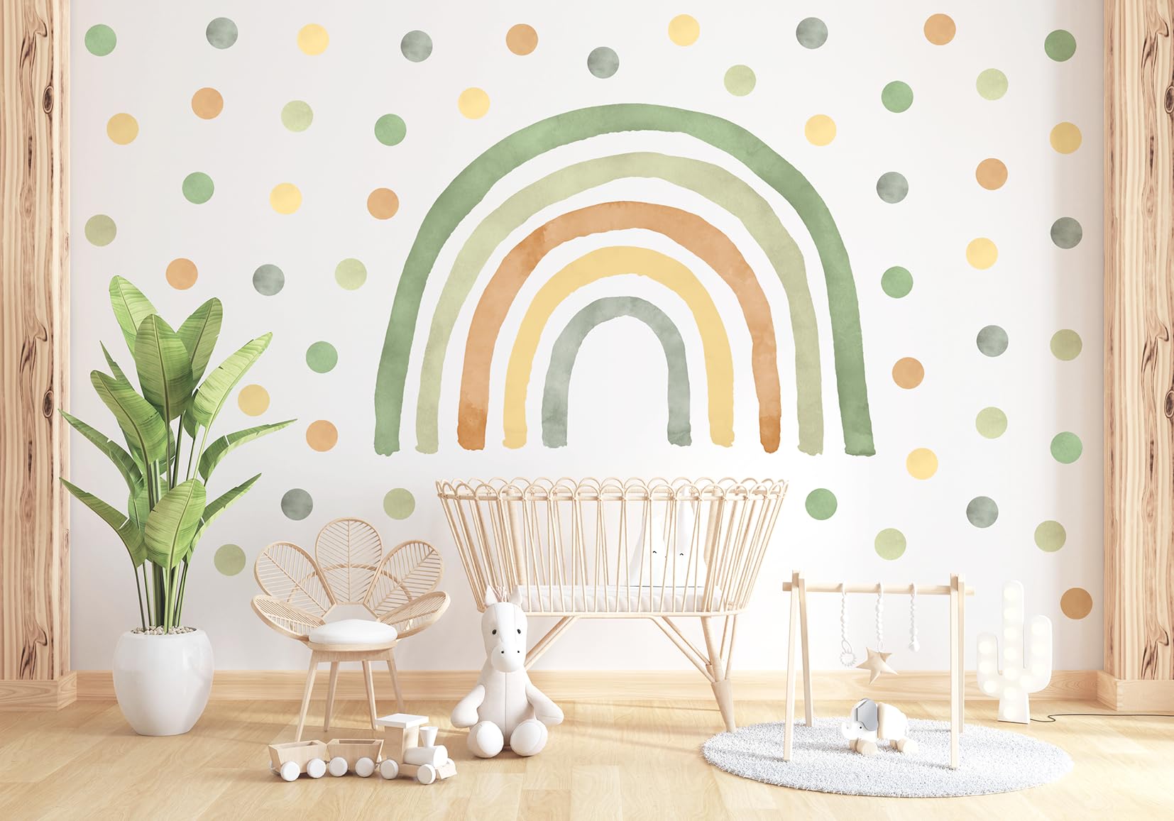 Adesivi da parete per bambini – Adesivi decorativi – Non tossici, sicuri, di alta qualità – Decorazione per la cameretta dei bambini – Set – Arcobaleno verde L + 50 pois/puntini