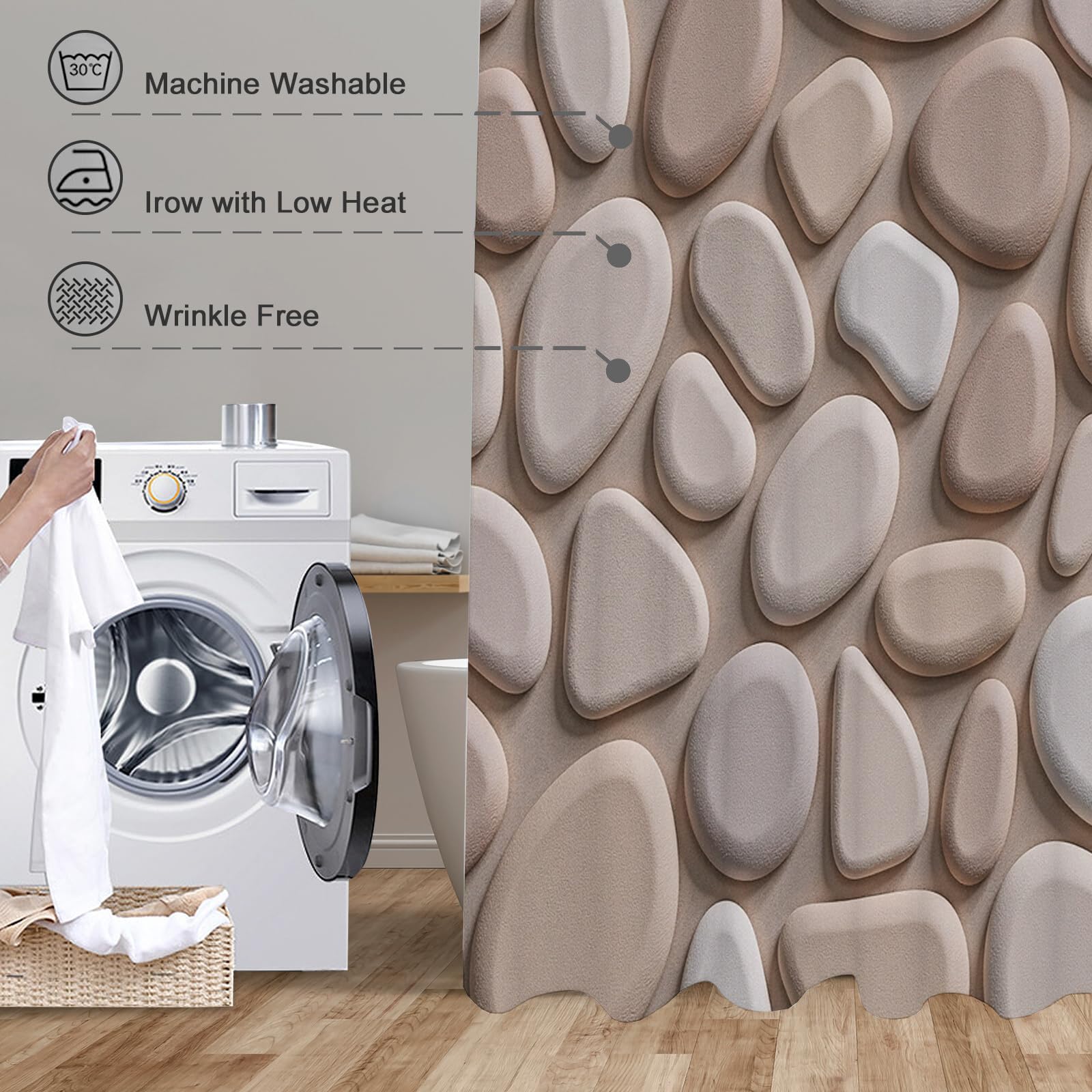 Rideau Douche, Rideau Baignoire Lavable en Machine Rideaux Douche Tissus Lavable Rideau De Baignoire Lavable pour Salle De Bain Domicile Baignoire Famille, Galets Personnalisés,