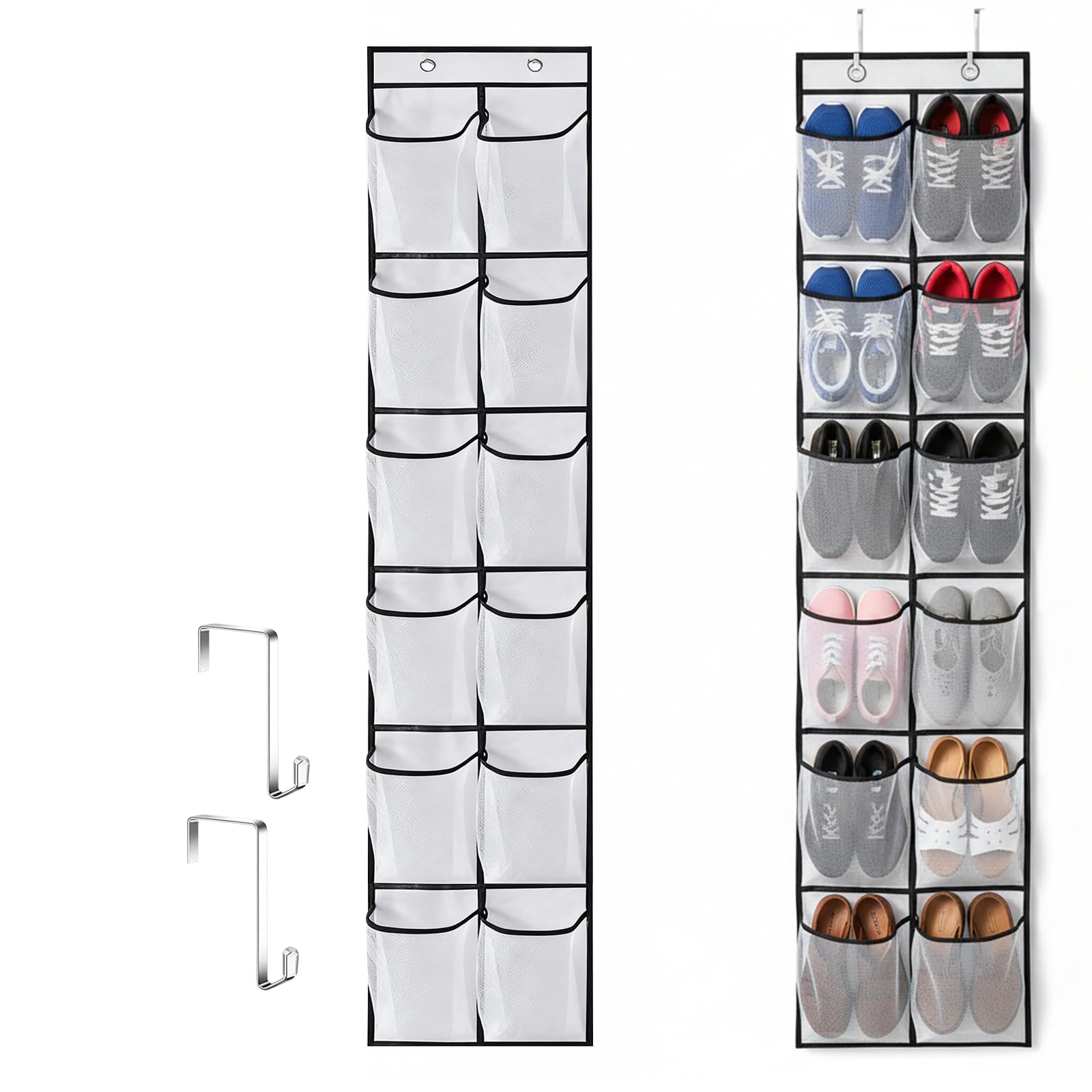 Pqrsde Over the Door Shoe Storage Organiser Shoe Organiser Hanging With 12 Large Mesh Pockets and 2 Hooks for Kitchen Bedroom Bathroom Closet Home Entryway Use (White, 12 Pockets)