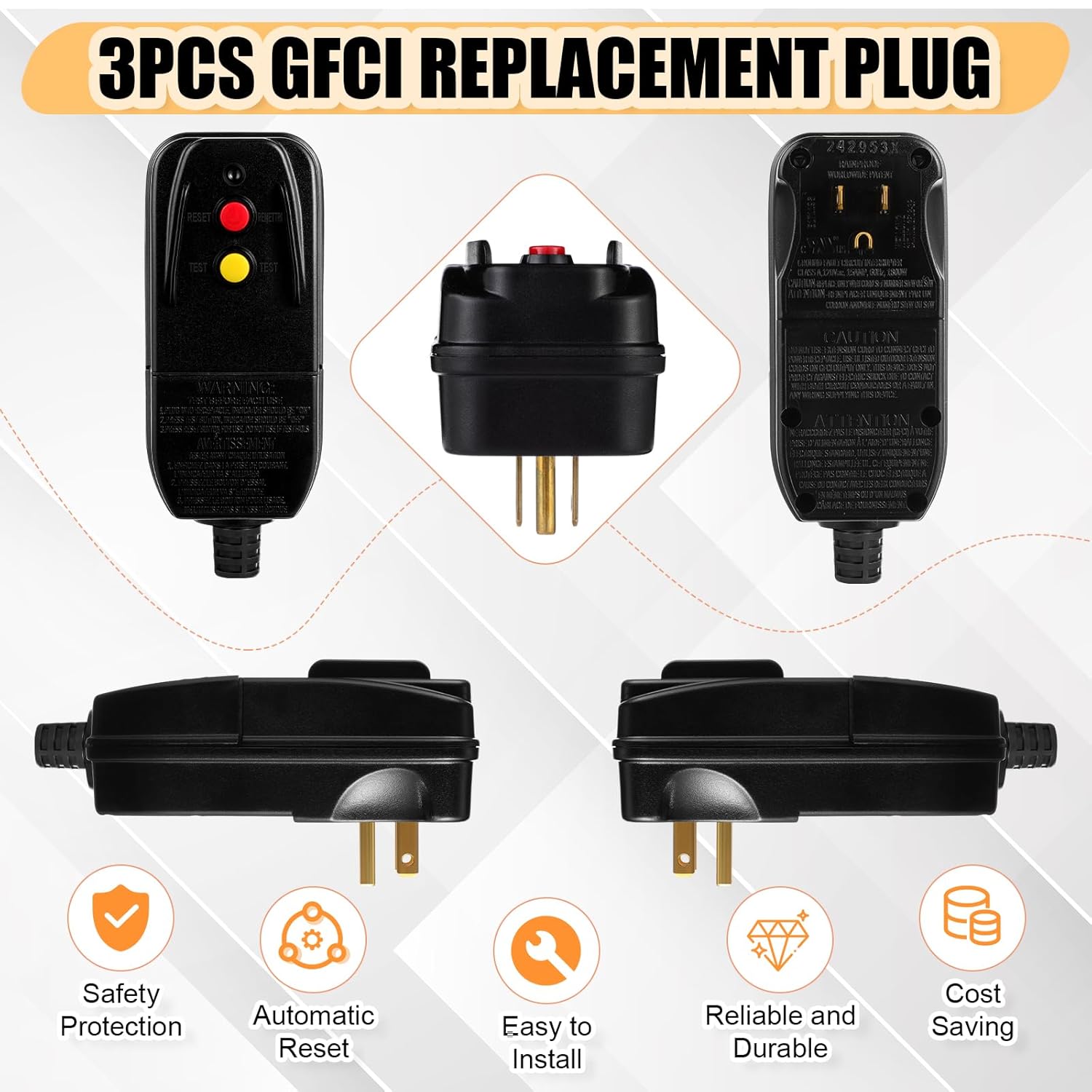 Relaxweex 3Pcs GFCI Replacement Plug GFCI Adapter Parts 3-Prongs 15 Amp Auto-Reset 120V Outdoor Waterproof Plug Assembly Ground Fault Circuit Interrupter for Pressure Washer Pool Pump Pool Pump
