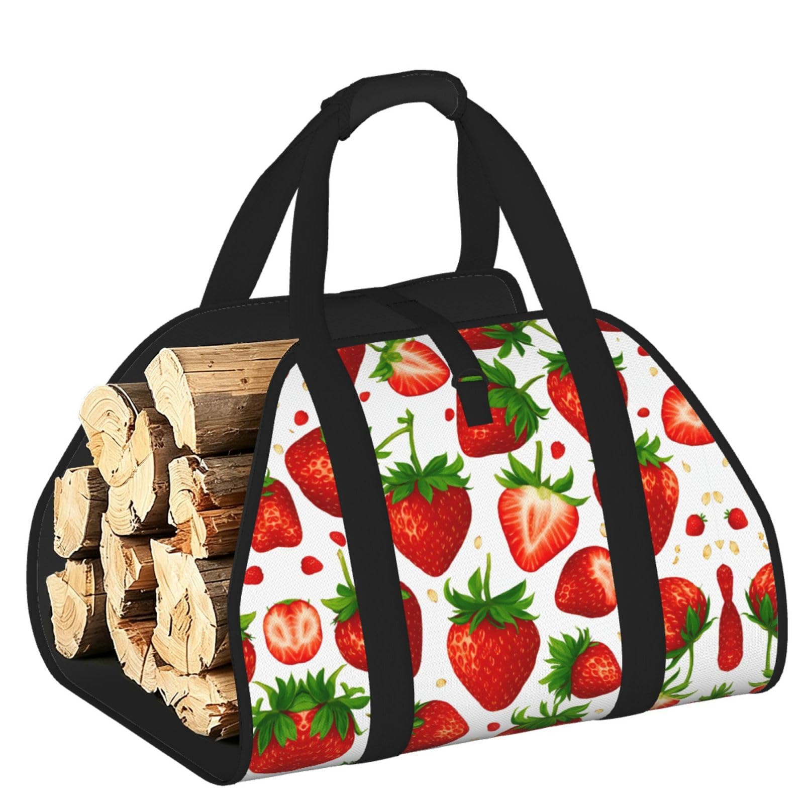 Strawberry Printed Firewood Carrier Bag, Log Tote with Open-Ended Design for Camping Outdoor Wood Hauling