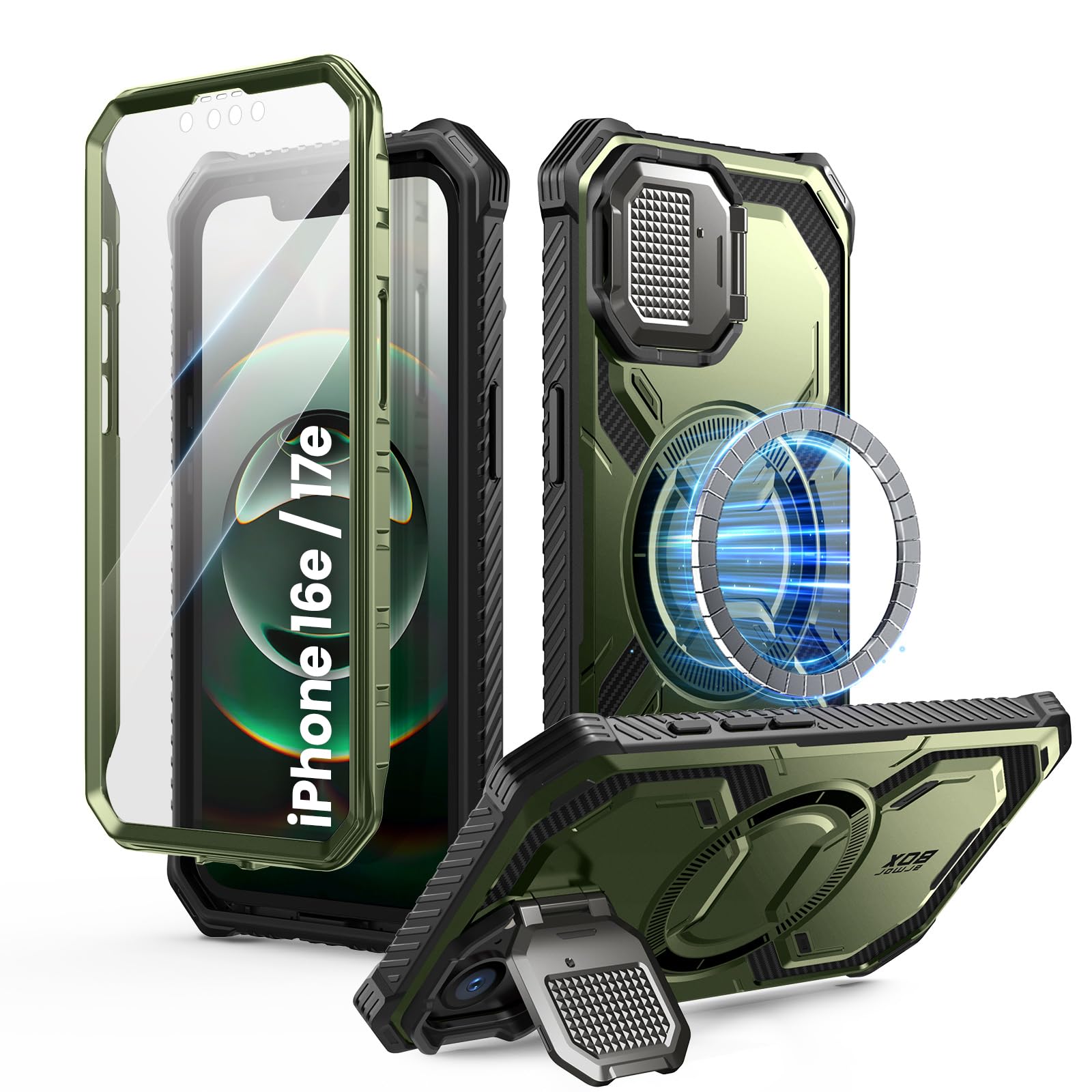 Photo 1 of i-Blason for iPhone 16e / iPhone 17e Case MagSafe with Adjustable Camera Cover Stand, Built-in Screen Protector, Full-Body Heavy Duty Military-Grade Protection Rugged Magnetic Phone Case, Green