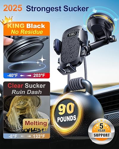 Miniatura 3 de YRU Verdadero soporte de teléfono de grado militar succión de rotación de 360 2025 Ultimate Car Phone Mount 90 libras más seguro y más fuerte y