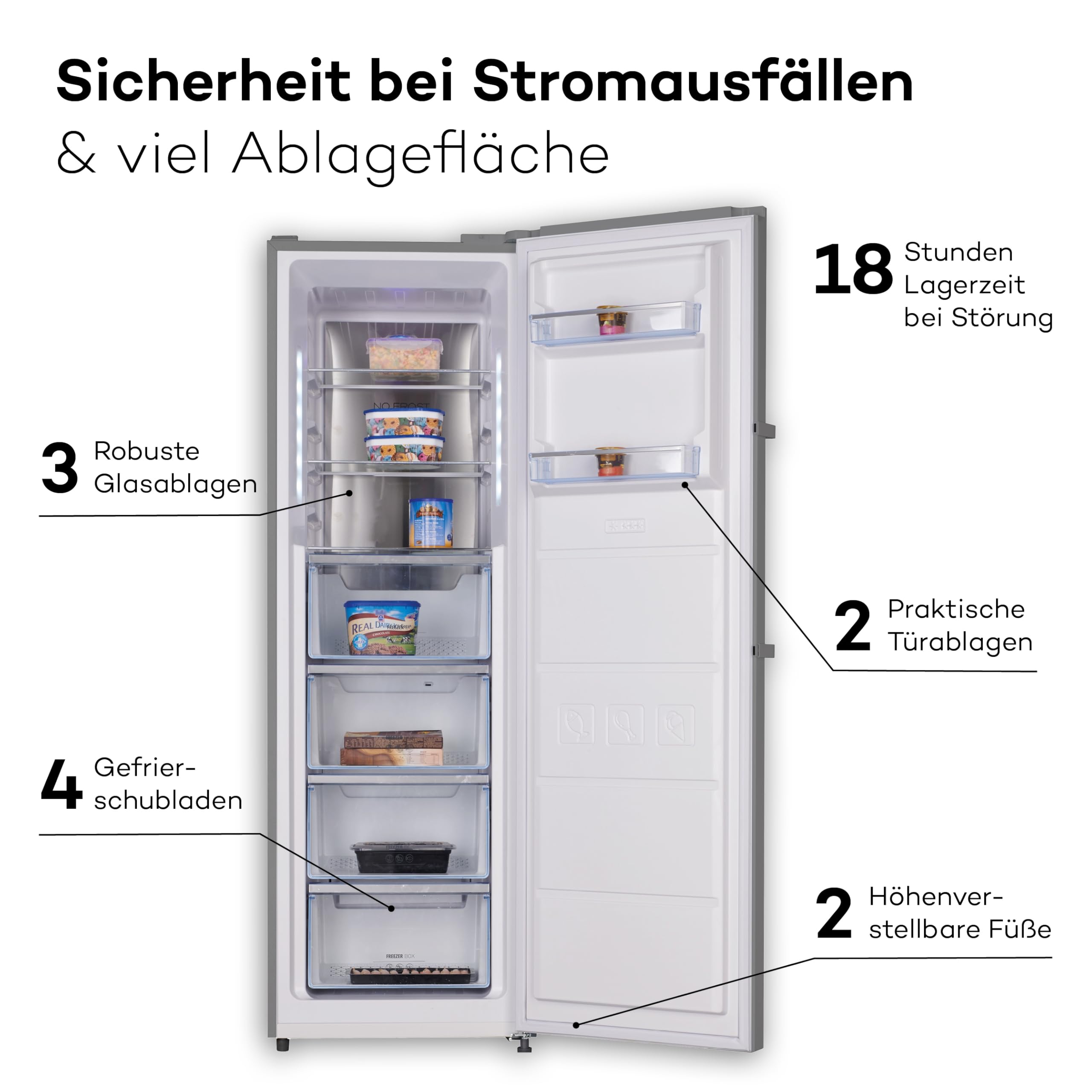 SCHOEPF – GS282IX Gefrierschrank 185 cm – Edelstahl – 282 L – No-Frost Technologie – Schnellgefrierfunktion – 42 dB – höhenverstellbare Füße – Energieeffizient – 249 kWh/Jahr