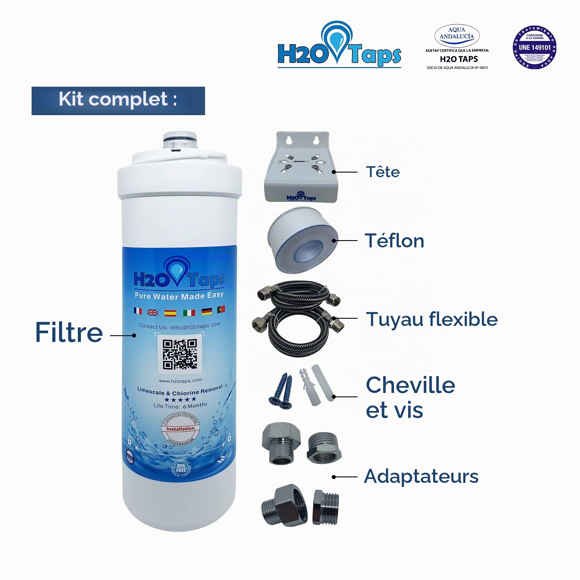 Filtre à eau sous évier, Purificateur d'eau, système de filtration, réduit le calcaire, le plomb, le chlore, les métaux - Kit complet facile à installer