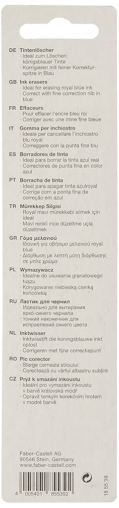 Faber-Castell Cancellatore Per Inchiostro - Penna Correttiva A Punta M, 2 Pezzi - Ideale Per Scuola E Ufficio