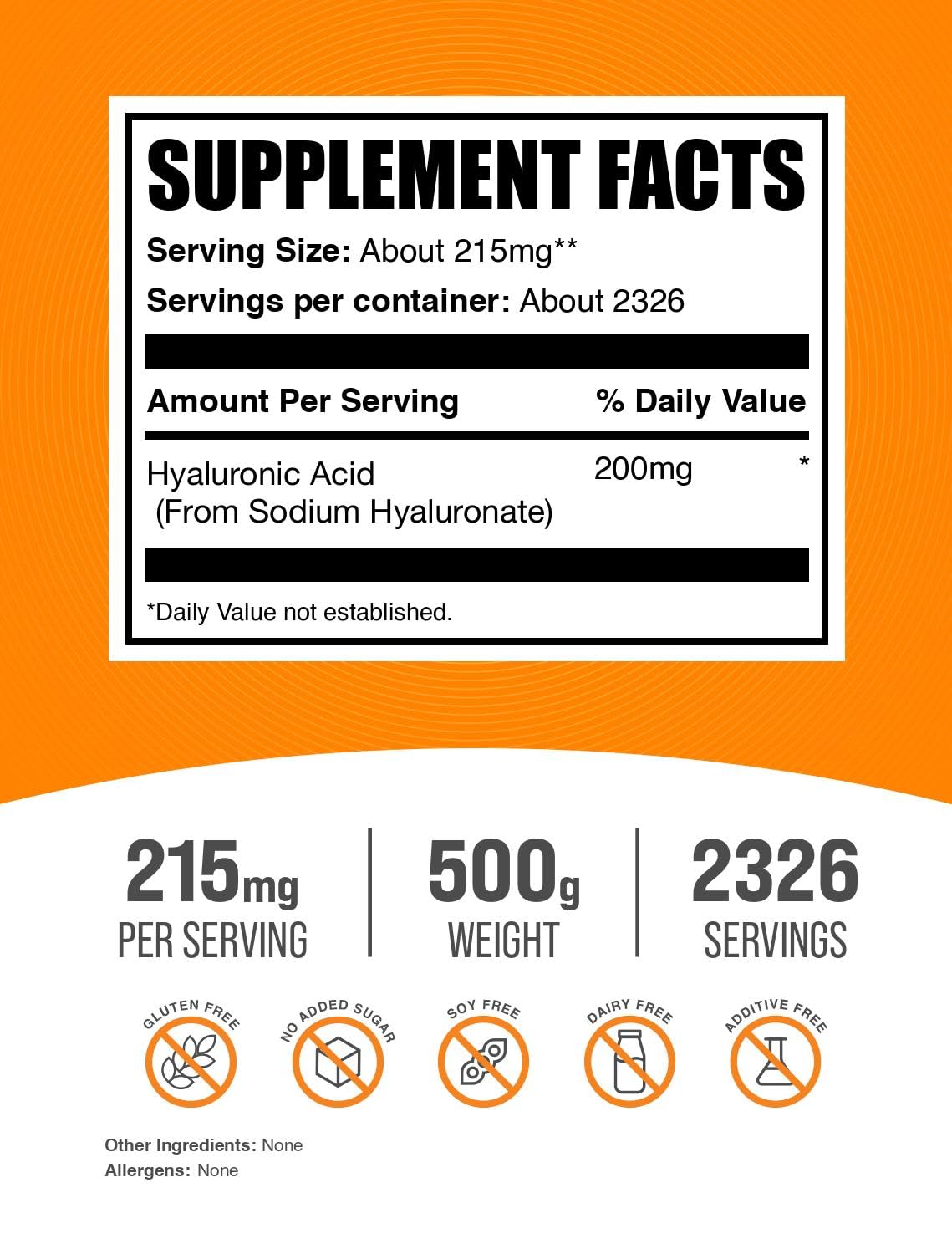 BulkSupplements.com Hyaluronic Acid Powder - as Sodium Hyaluronate, Hyaluronic Acid Supplements - Food Grade, Gluten Free - 215mg per Serving, 500g (1.1 lbs) (Pack of 1)