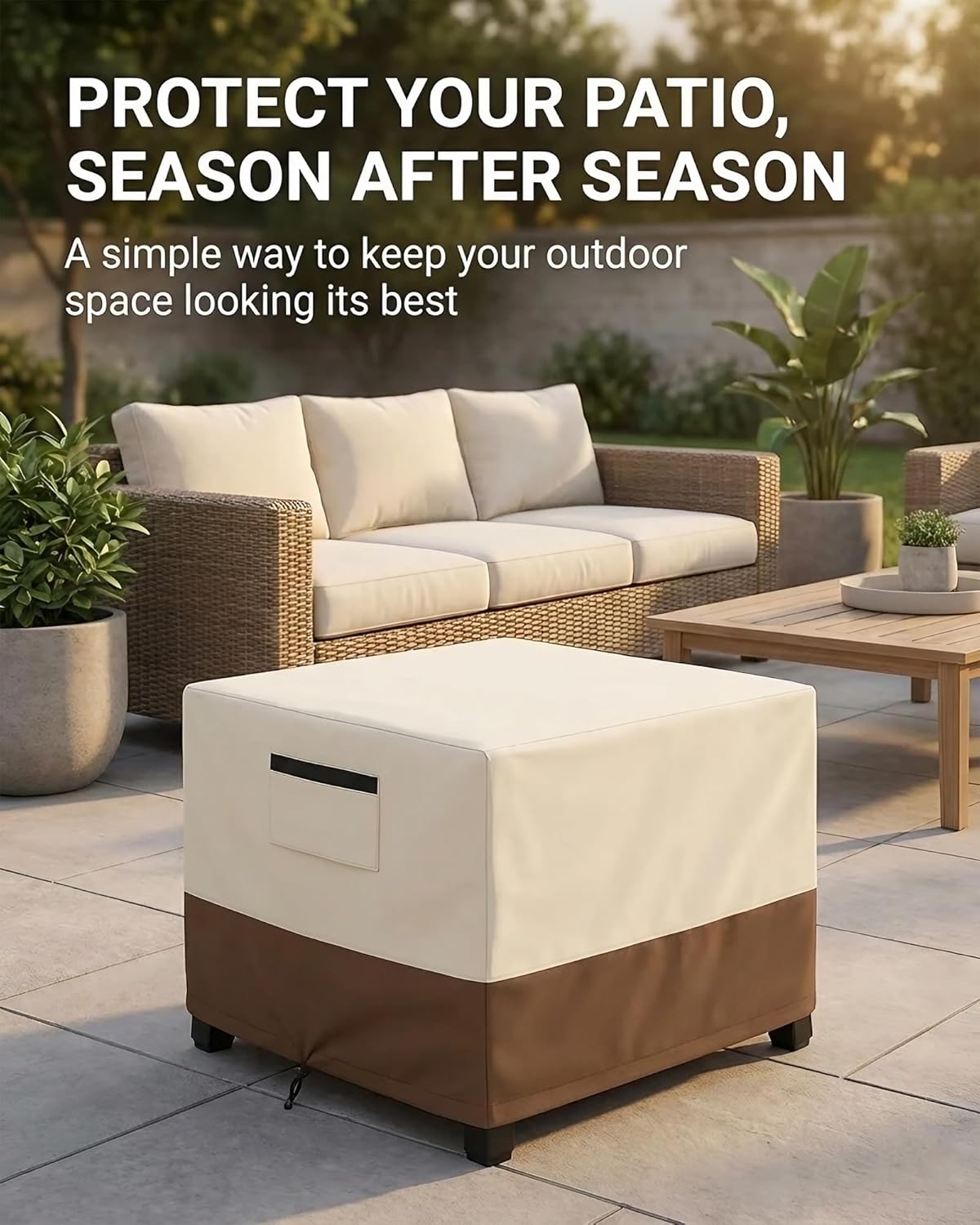 Waterproof Patio Ottoman Cover, Square Outdoor Side Table Furniture Cover with Padded Handles, 600D Heavy Duty Windproof All-Weather Patio Furniture Cover,UV Resistant, 32 x 32 x 18 Inch, Beige&Brown