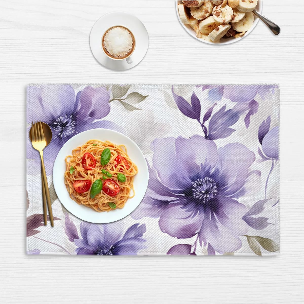 Juego de 4 manteles individuales florales morados, resistentes al calor, 12 x 18 pulgadas, lavables, juego de manteles individuales de lino antideslizantes para decoración de mesa de cocina y comedor