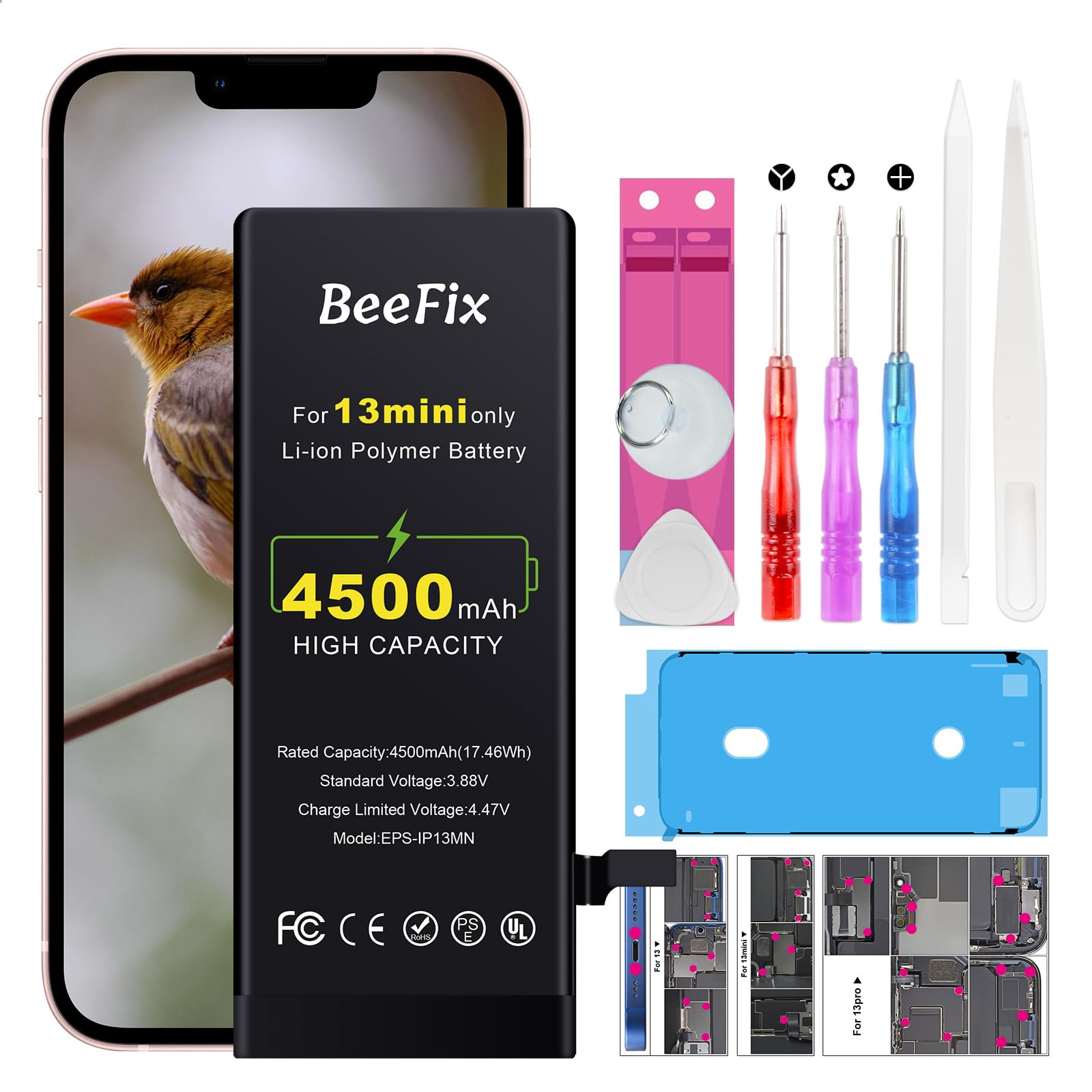 Batteria per Phone 13 Mini: Batteria Li-Ion 4500mAh alta capacità per Phone 13 Mini con strumenti riparazione professionali Compatibile con modelli A2481 A2626 A2628 A2629 A2630