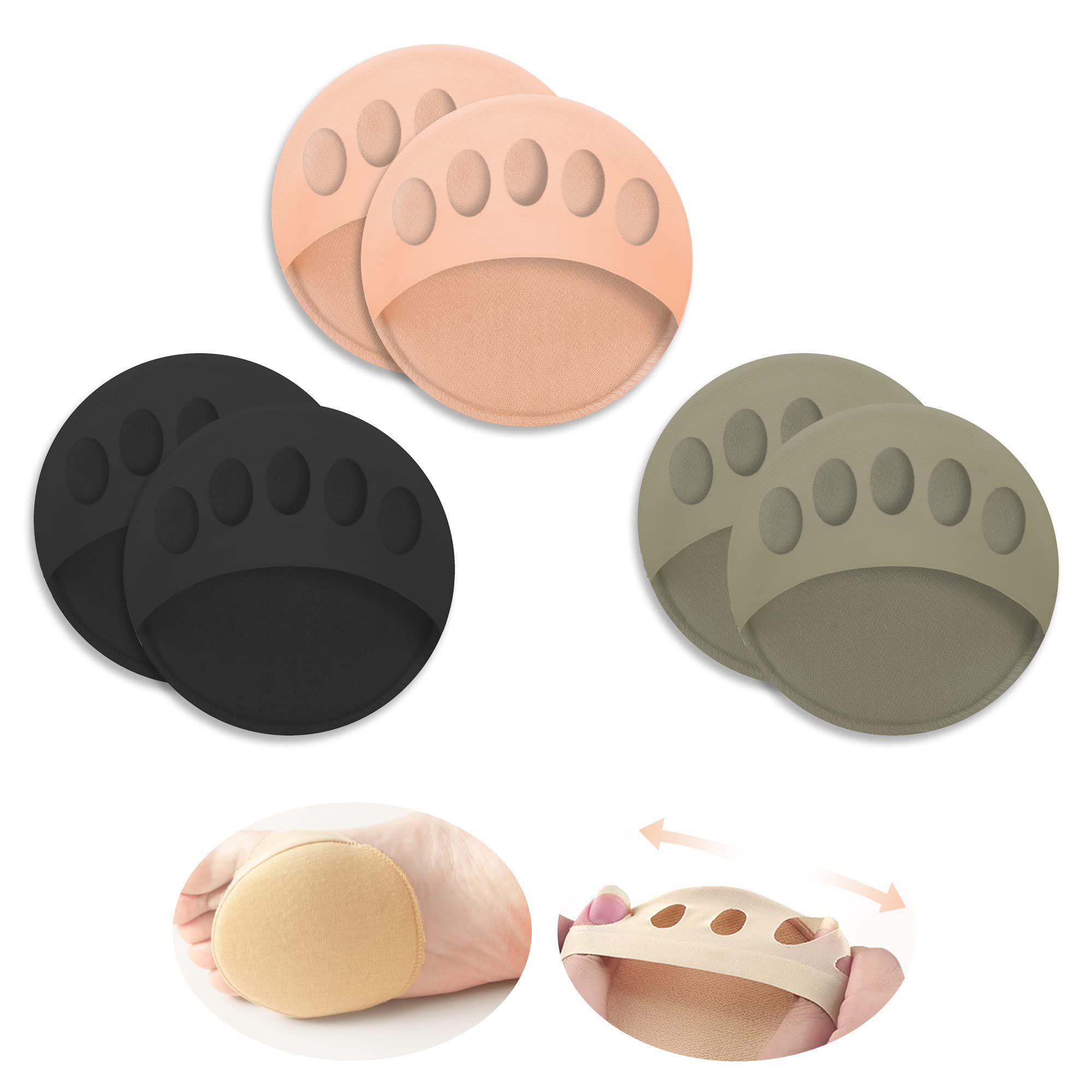SooGree Metatarsal Foot Pads Reusable Soft Ball of Foot Cushions Forefoot Pads for Women, Black-Beige-Green