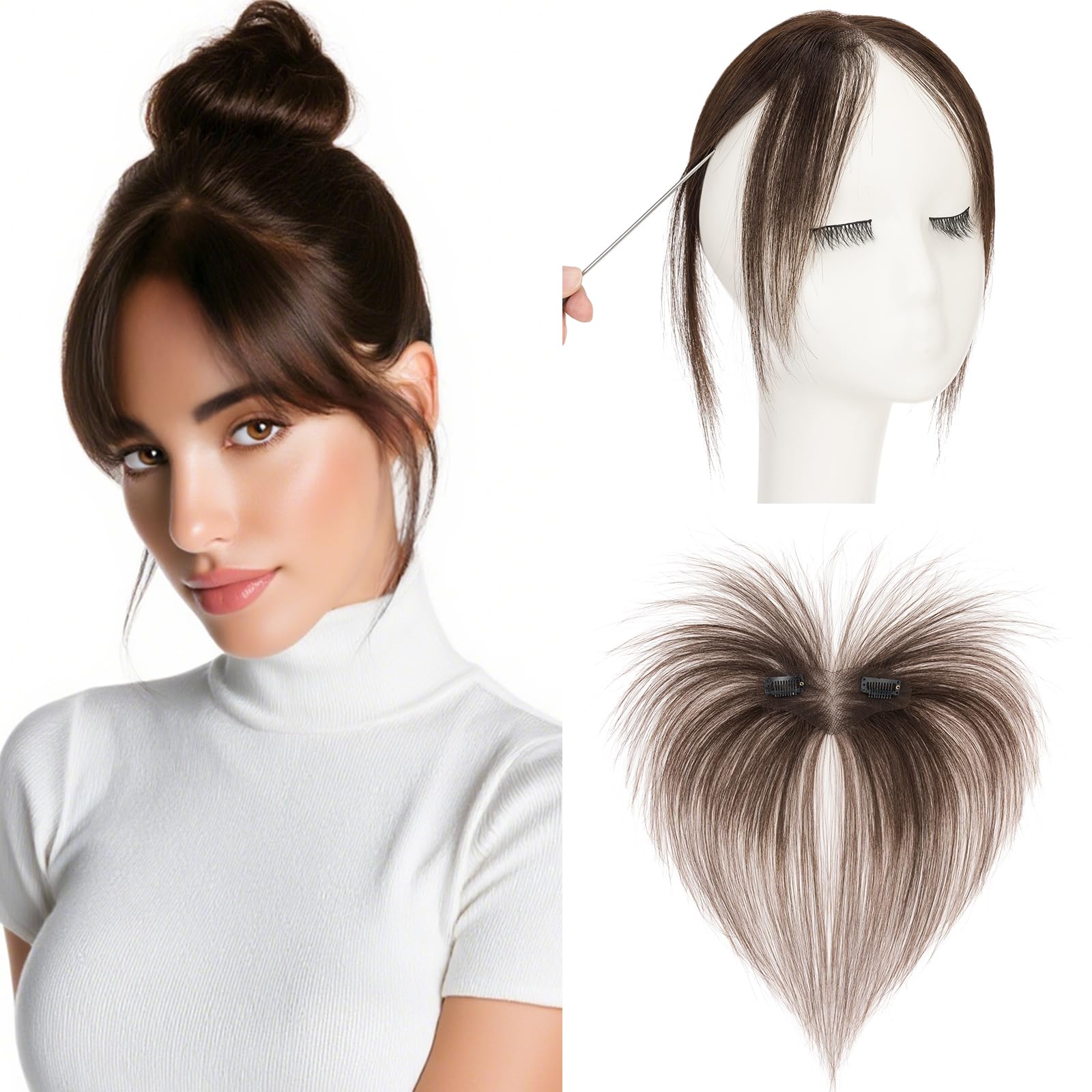 Elailite Clip in Bangs Human Hair Fringe Side Bangs Split Curtain Bangs Real Hair Lace Base 360°Cover Top HairPieces 8 Inch