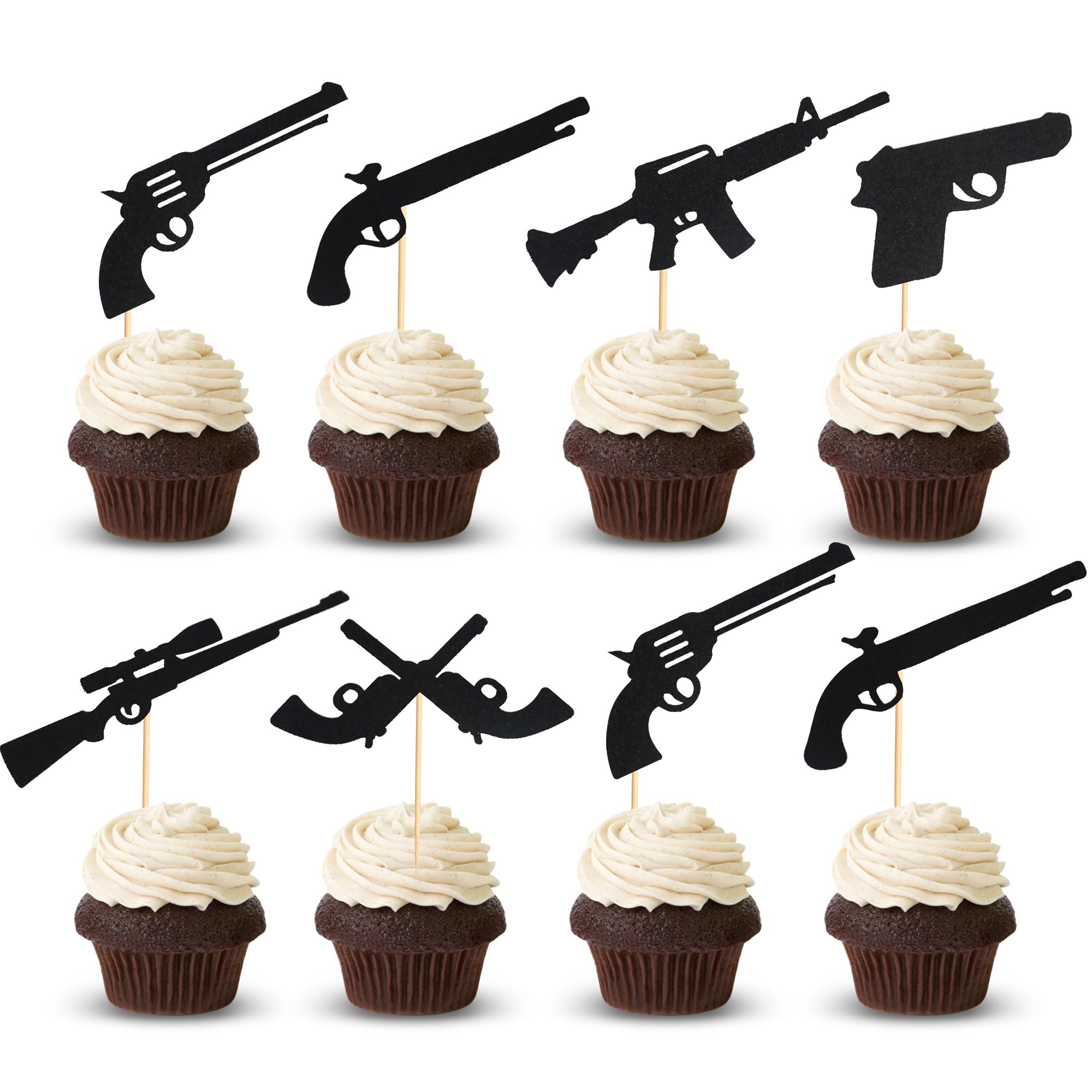 Arthsdite 24Pcs Gun Cupcake Toppers Gun Pistol Shooting Themed Cupcake Picks Baby Shower Birthday Party Cake Decorations Supplies - Black Glitter