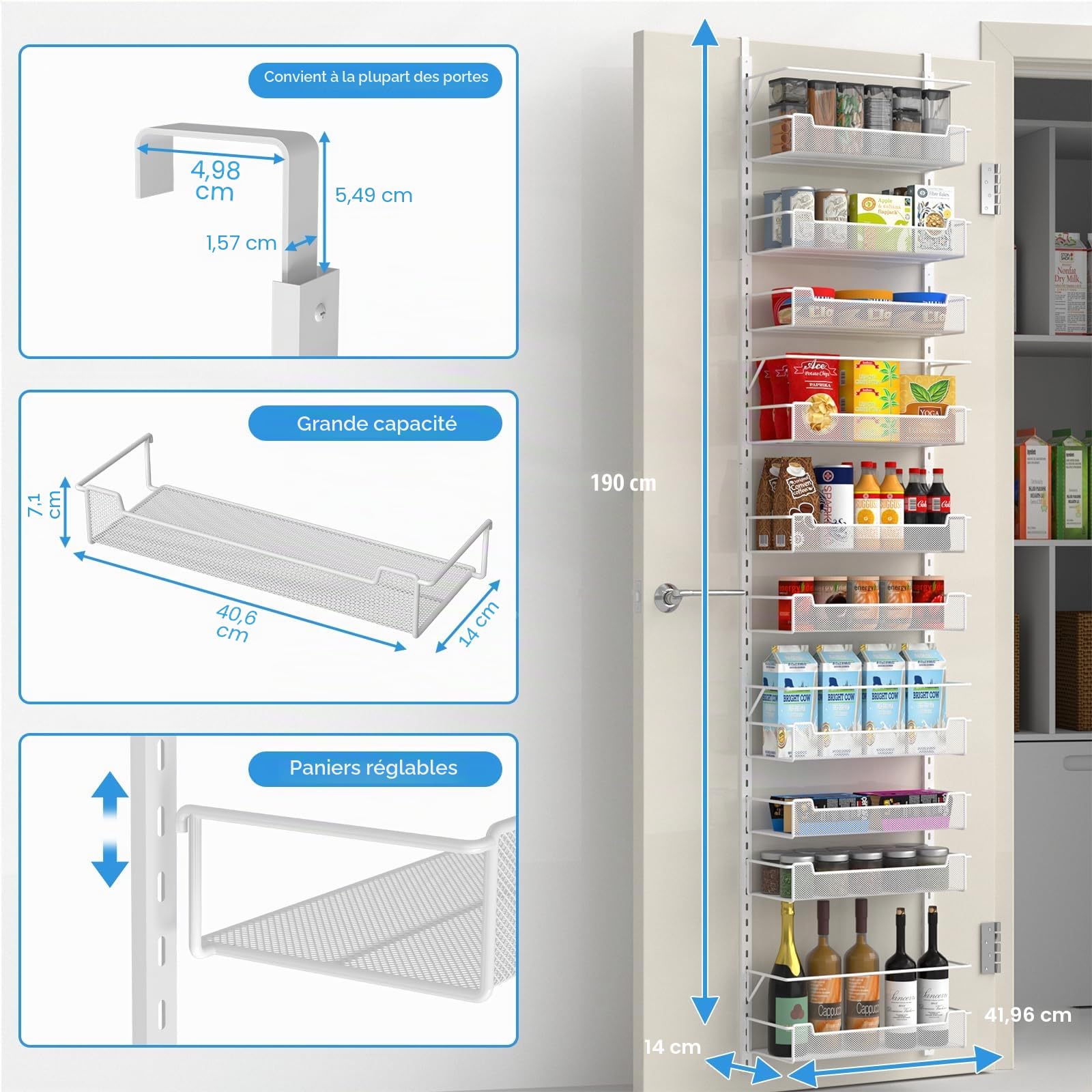 VyGrow Rangement au-dessus de la porte, 10 niveaux de rangement au-dessus de la porte avec panier réglable pour garde-manger, cuisine, salle de rangement, étagère à épices, blanc