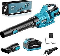 LEEIKOO Soffiatore a Batteria, 21V Soffiatore Foglie con Batteria 4,0Ah, 3 Impostazioni di Velocità, 2 Tubi di Soffiaggio Staccabili, Cintura per Fango la Pulizia del Giardino