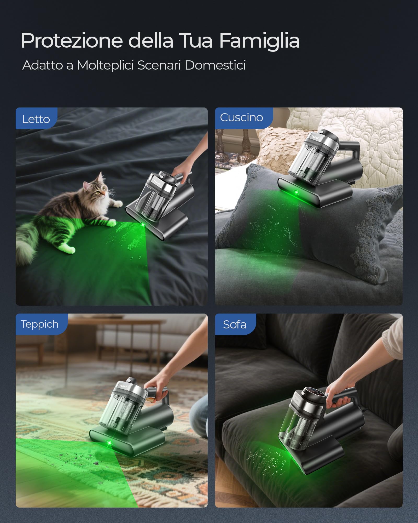Teant Aspirapolvere per Materassi, 2 Velocità (14 kPa/18 kPa) – con Rilevamento Polvere a Luce Verde, Luce UV-C 253.7 nm, Display LED, Filtro HEPA, Calore a 65°C e Aromatizzante per Letto
