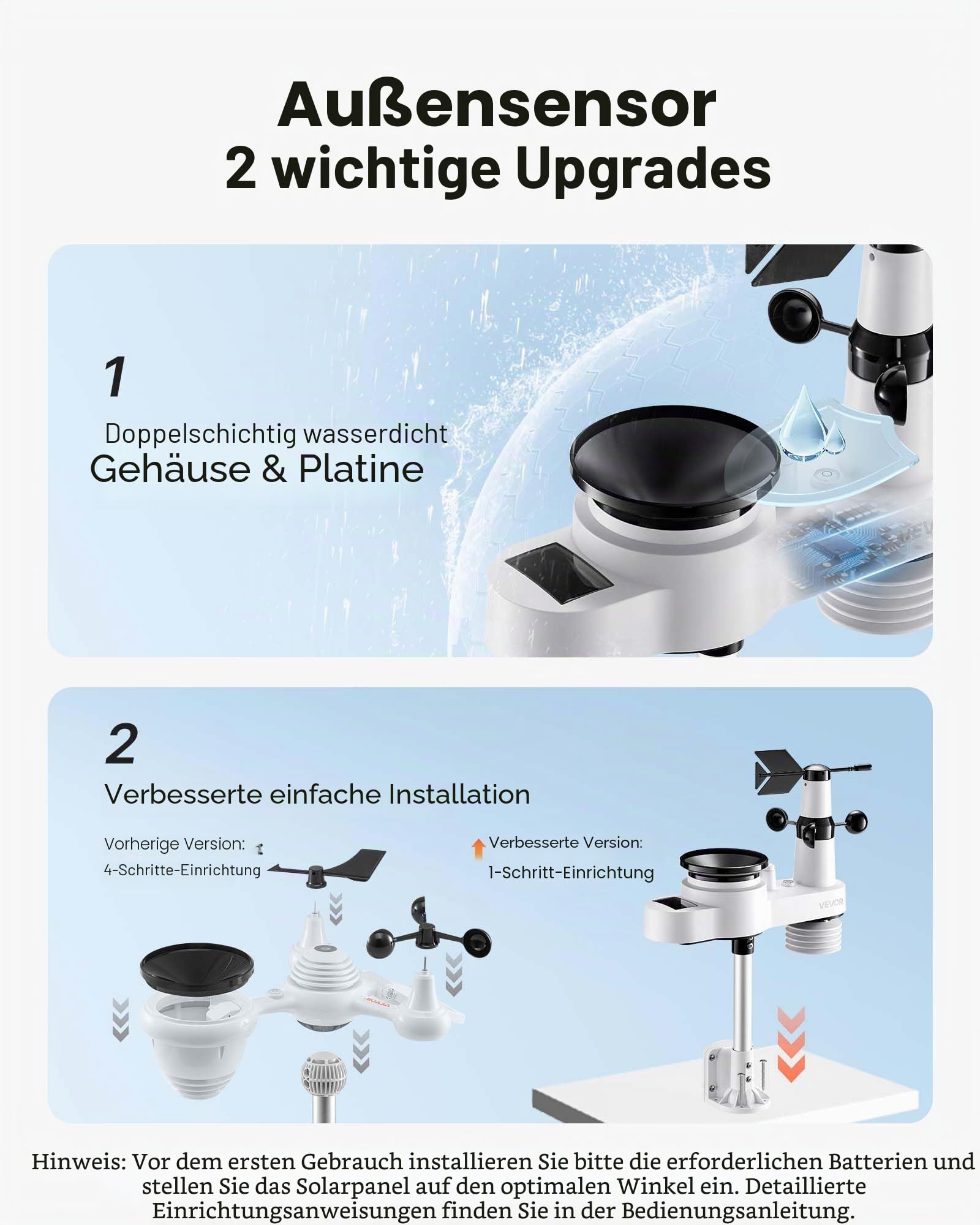 VEVOR 5-in-1-WLAN-Wetterstation, 7,5-Zoll-VA-Display, solarbetriebener Außensensor, Wettercenter zur Wettervorhersage, Windgeschwindigkeit, Windrichtung, Temperatur, Luftfeuchtigkeit, Niederschlag