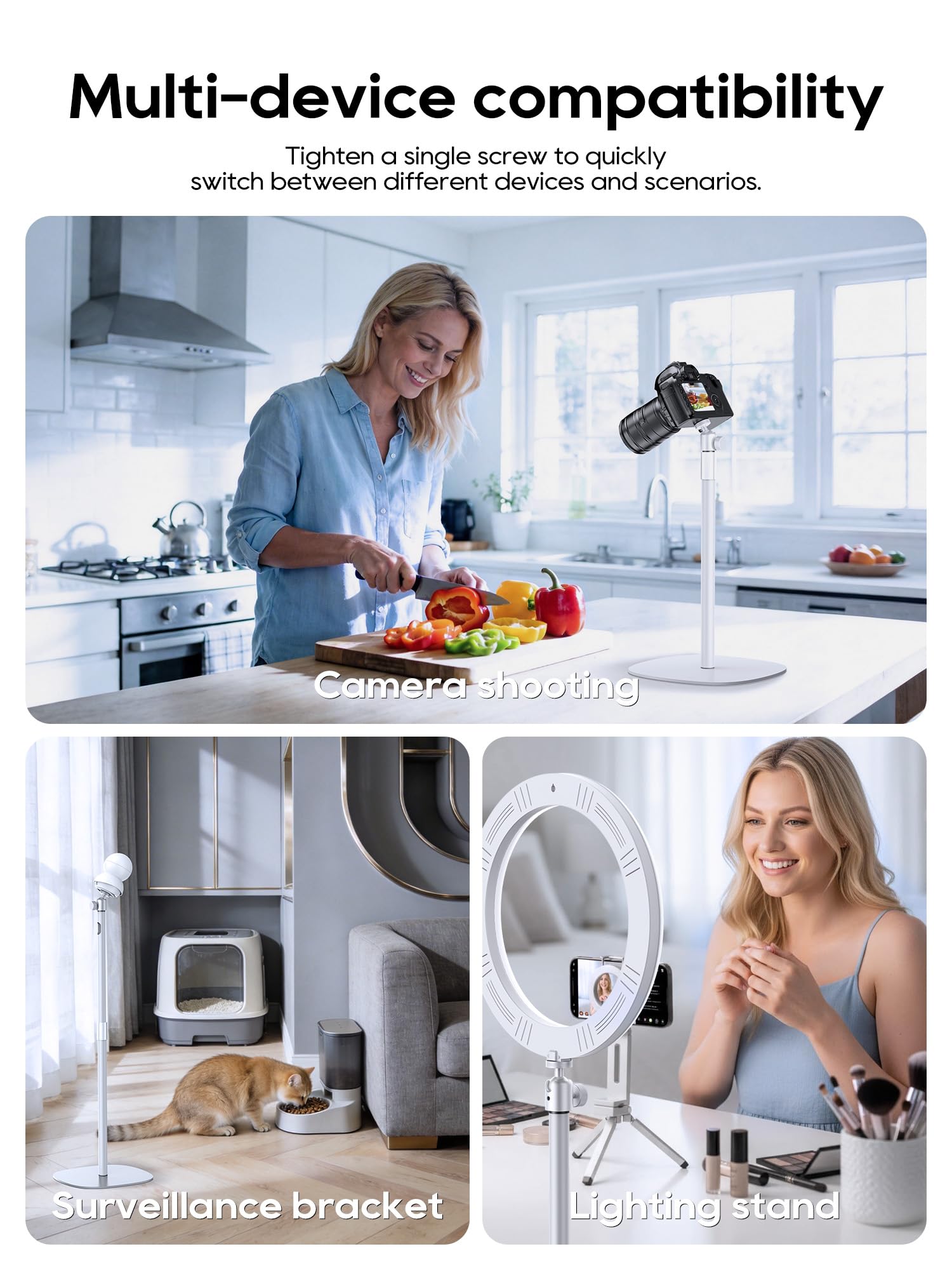 Support de projecteur au sol, hauteur réglable de 40 à 120 cm, tête pivotante à 360°, support métallique avec vis 1/4", compatible avec projecteurs, appareils photo (Blanc)