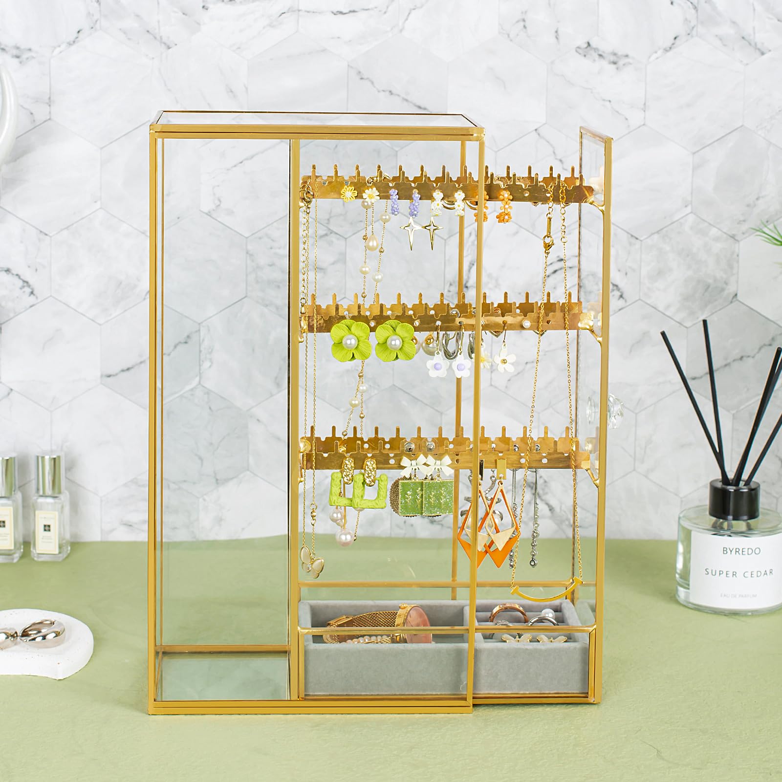 Ohrringhalter aus Glas, Schmuck-Organizer, Ohrringhalter mit Haken zum Aufhängen, Glas-Ohrring-Präsentationsbox für Halsketten, Ringe