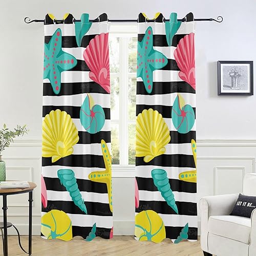 Seashell on Black Stripes Black Out Curtains 84" Doorway Curtains for Window Treatments Blackout Blinds Door Curtains for Bedroom Decor Cortinas