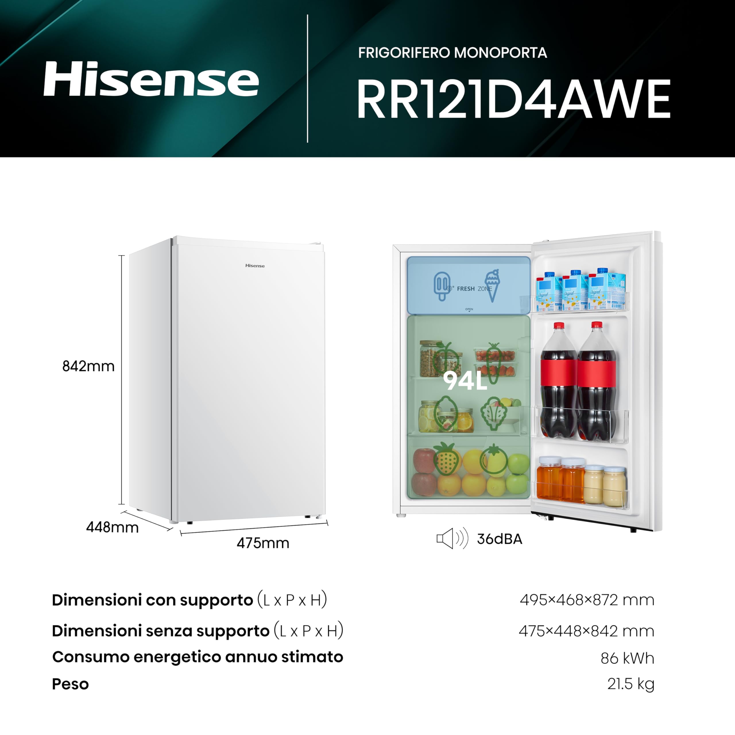 Hisense RR121D4AWE - Frigorifero Monoporta con cassetto fresh zone, Bianco, 94 L, classe E
